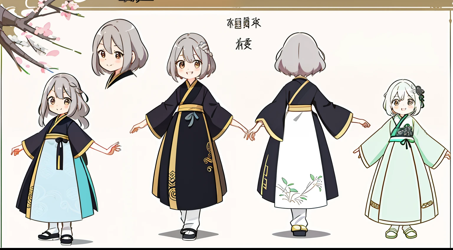 Reference table for cute girls,cabelos preto e longos,ssmile,Hanfu,Gangnam,详细的脸,detailed hairs,Image IP,concept-art,concept art of character,Character sketches,reference sheet,Role table