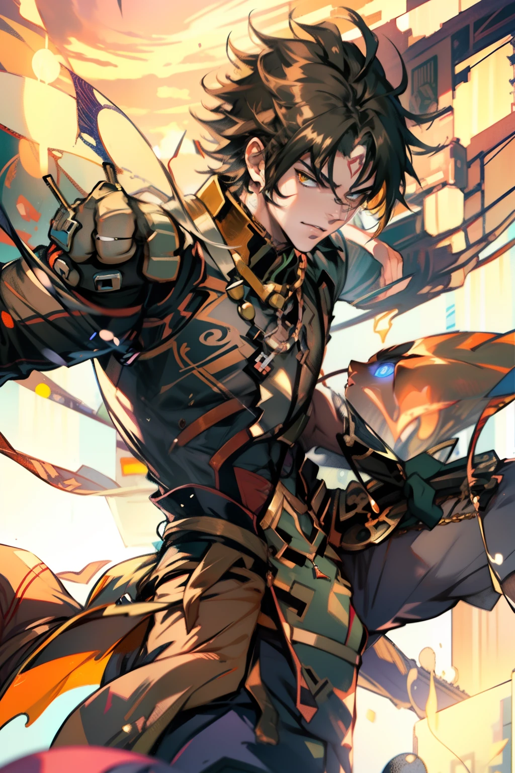 male people，((Masterpiece)), ((Best quality)), Ultra detailed,((illustration)), Dynamic Angle, Detailed light, (Delicate eyes), Floating, 1boy, Male focus, Head, Clothing, Yellow eyes, necklace, tattoo,hijabi sluty， (Forehead:0.8), (ahoge:0.8), jewelry, apathy，Ray， chest muscle， Sexy ,frontage，style of anime4 K， 4K anime wallpaper， Badass anime 8 K， 4 k comic wallpaper， young anime man， Anime boys， Anime wallpapers 4 k， Anime wallpaper 4K， High quality anime art style， Anime moe art style， Anime art wallpaper 8 K， Anime art wallpaper 4 K， RGB lighting