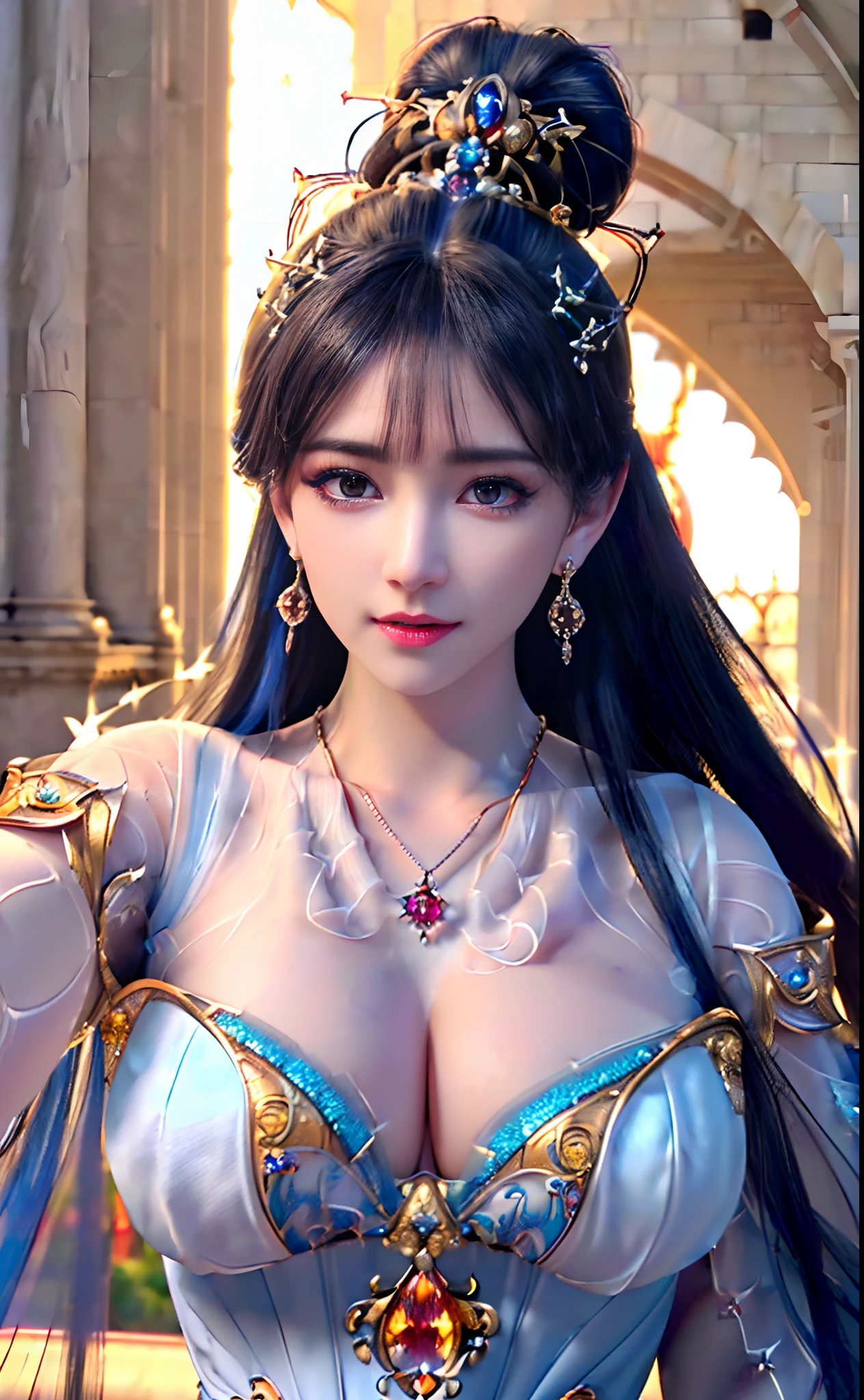 ((realisticity: 1.2)), ((realistic: 8K UHD)), ((best resolution: 8K UHD)), hyper detailed, best quality,masterpiece,highres,cg,
((1 hyper detailed and hyper realistic girl)), ((very beautiful queen dazzling, hyper realistic, and hyper detailed)),((white skin, beautiful, smooth, youthful, hyper realistic and hyper detailed
)), ((Hyper beautiful face, white, hyper realistic and hyper detailed)), long hair, ((hyper realistic and hyper detailed dress)), solo, ((hyper realistic, hyper beautiful, gorgeous and hyper detailed jewelry)), ((hyper beautiful, hyper realistic and hyper detailed dark red and golden yellow dress)),
((Hyper beautiful, hyper realistic, hyper detailed diamond filled earrings)),
  ((Hyper beautiful, hyper realistic and hyper detailed diamond filled hair ornament)), ((hyper beautiful upper body, hyper beautiful, hyper 
 realistic and hyper detailed)), ((big breasts: 2.5)), 
((Hyper grand, hyper realistic and hyper detailed royal palace backgroun))
((Hyper beautiful, hyper beautiful, hyper realistic and hyper detailed hair bun)), ((hyper beautiful, hyper realistic and hyper detailed blue hair)),
candid, Photograph, high resolution, 8k,Bokeh,