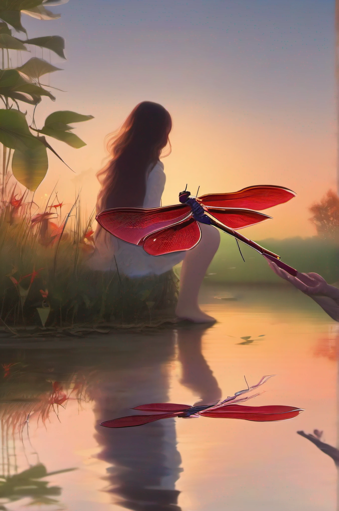 A red dragonfly is perched on the fingers of a beautiful girl、Beautiful countryside sunset