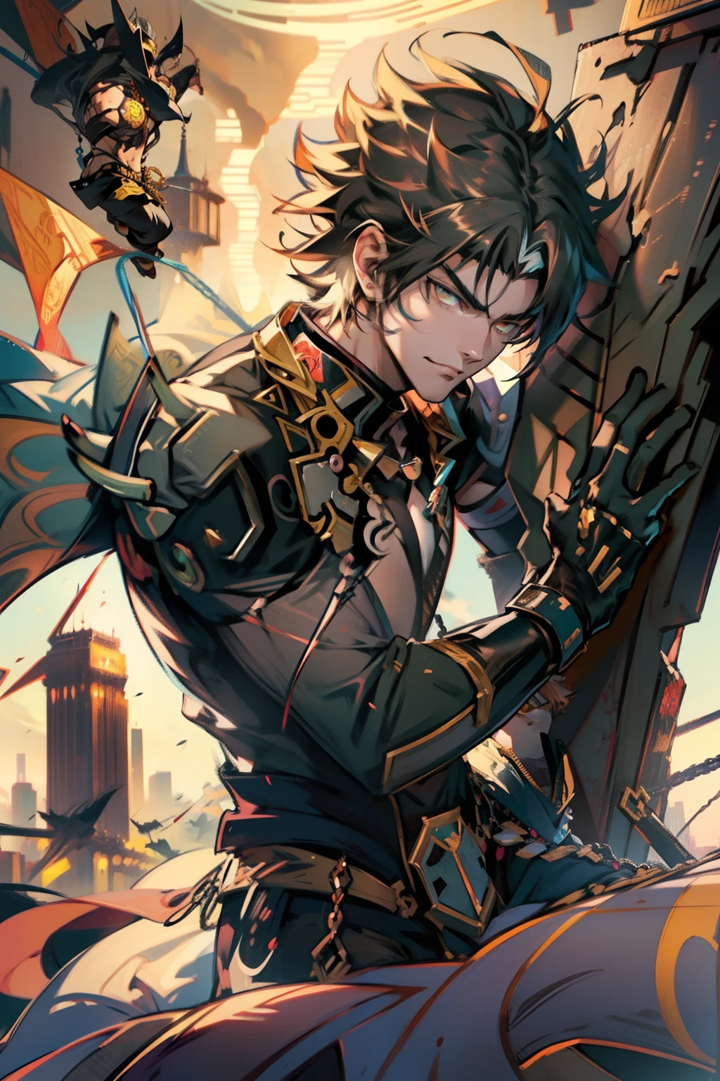 male people,((Masterpiece)), ((Best quality)), Ultra detailed,((illustration)), Dynamic Angle, Detailed light, (Delicate eyes), Floating, 1boy, Male focus, Head, Clothing, Yellow eyes, necklace, tattoo,hijabi sluty, (Forehead:0.8), (ahoge:0.8), jewelry, apathy,Ray, chest muscle, Sexy ,frontage,style of anime4 K, 4K anime wallpaper, Badass anime 8 K, 4 k comic wallpaper, young anime man, Anime boys, Anime wallpapers 4 k, Anime wallpaper 4K, High quality anime art style, Anime moe art style, Anime art wallpaper 8 K, Anime art wallpaper 4 K, RGB lighting