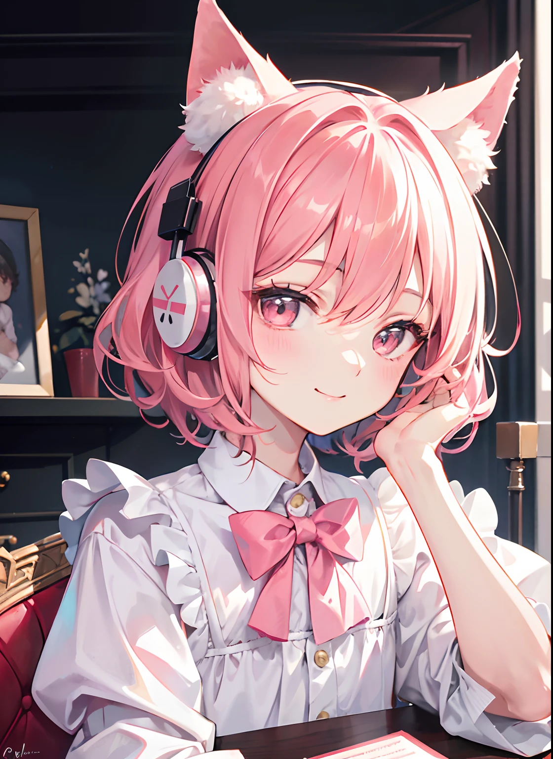 Best quality，tmasterpiece，A high resolution，A young boy with，male people，tender，Short pink fluffy hair，flatchest，masculine features，Wear cute and exaggerated dresses，Network anchors，In the background is its own bedroom，sit on chair，Wear headphones in the shape of cat ears，Confectionery，facial closeups，Be red in the face，cute smiling。Face portrait，Portrait of the face