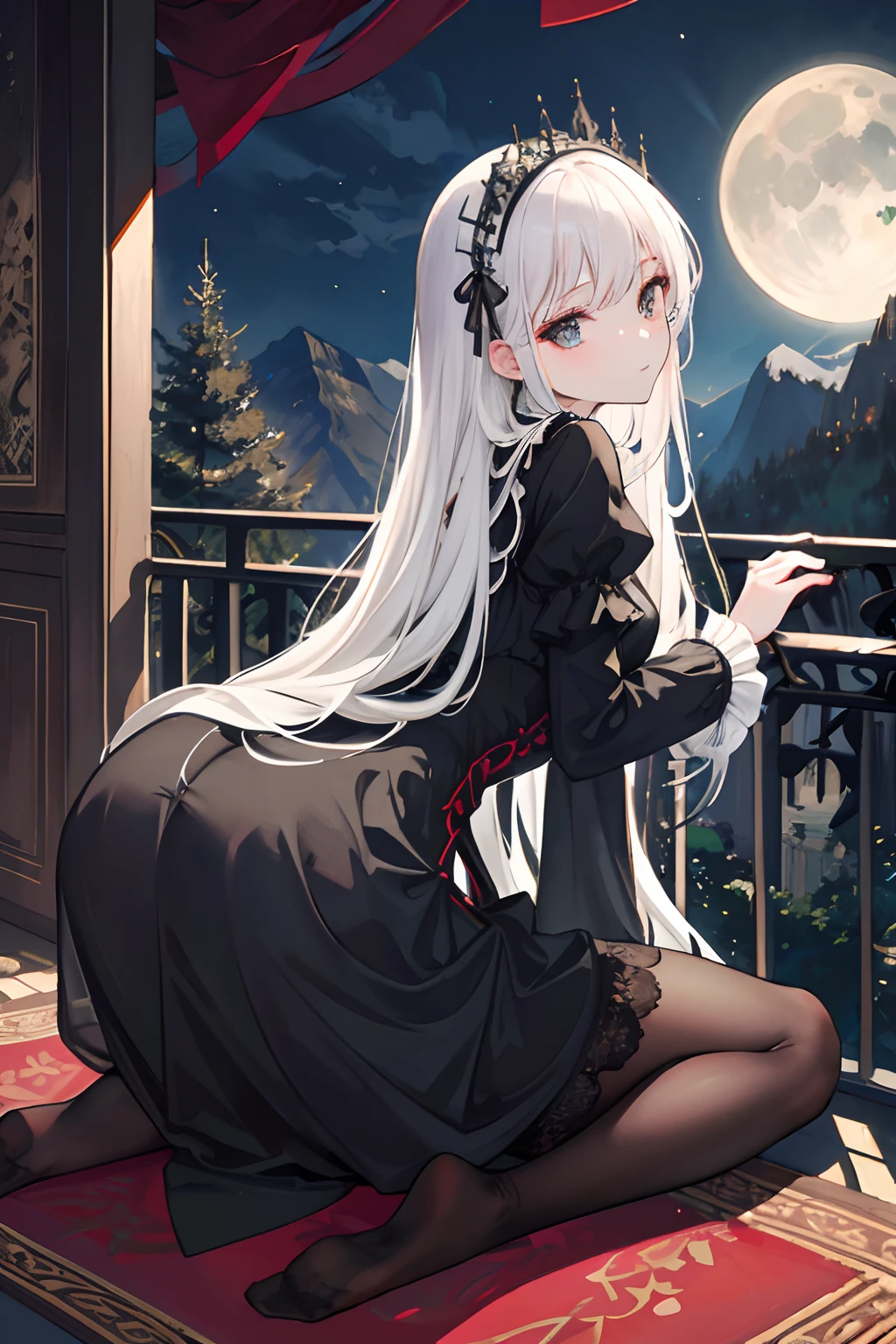 (best quality:1.3),(masterpiece:1.1),(illustration:1.2),(ultra-detailed:1.2),beautiful detailed eyes,(Gothic:1.2), (Extremely detailed background:1.1),(forest:1.2),(mountain), night, moon,castle on the distant mountain, (bent over:1.3),(butt:1.2),looking back, (raise butt:1.2),(close to the butt:1.3), (1girl in Balcony:1.4),Balustrades on balcony,(wariza:1.2),(sitting:1.3) (1girl:1.3),(solo:1.3),(white hair),(long hair:1.1),full body,black stocking, tulle,dress,Bodysuit,back cutout,clothing cutout,