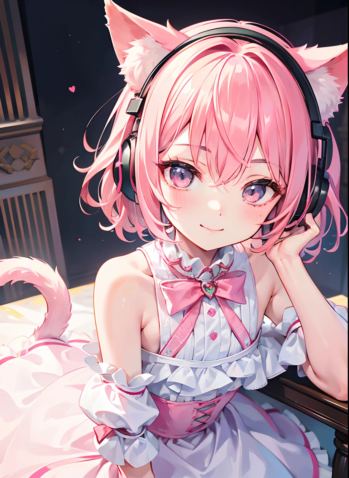 Best quality,tmasterpiece,A high resolution,A young boy with,male people,tender,Short pink fluffy hair,flatchest,masculine features,Wear cute and exaggerated dresses,Network anchors,In the background is its own bedroom,sit on chair,Wear headphones in the shape of cat ears,Confectionery,facial closeups,Be red in the face,cute smiling。Face portrait,Portrait of the face