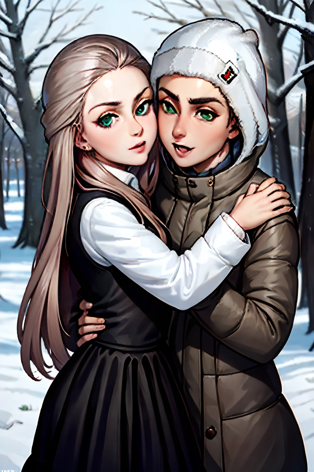 Katya kisses a guy,green colored eyes,winter ,woods