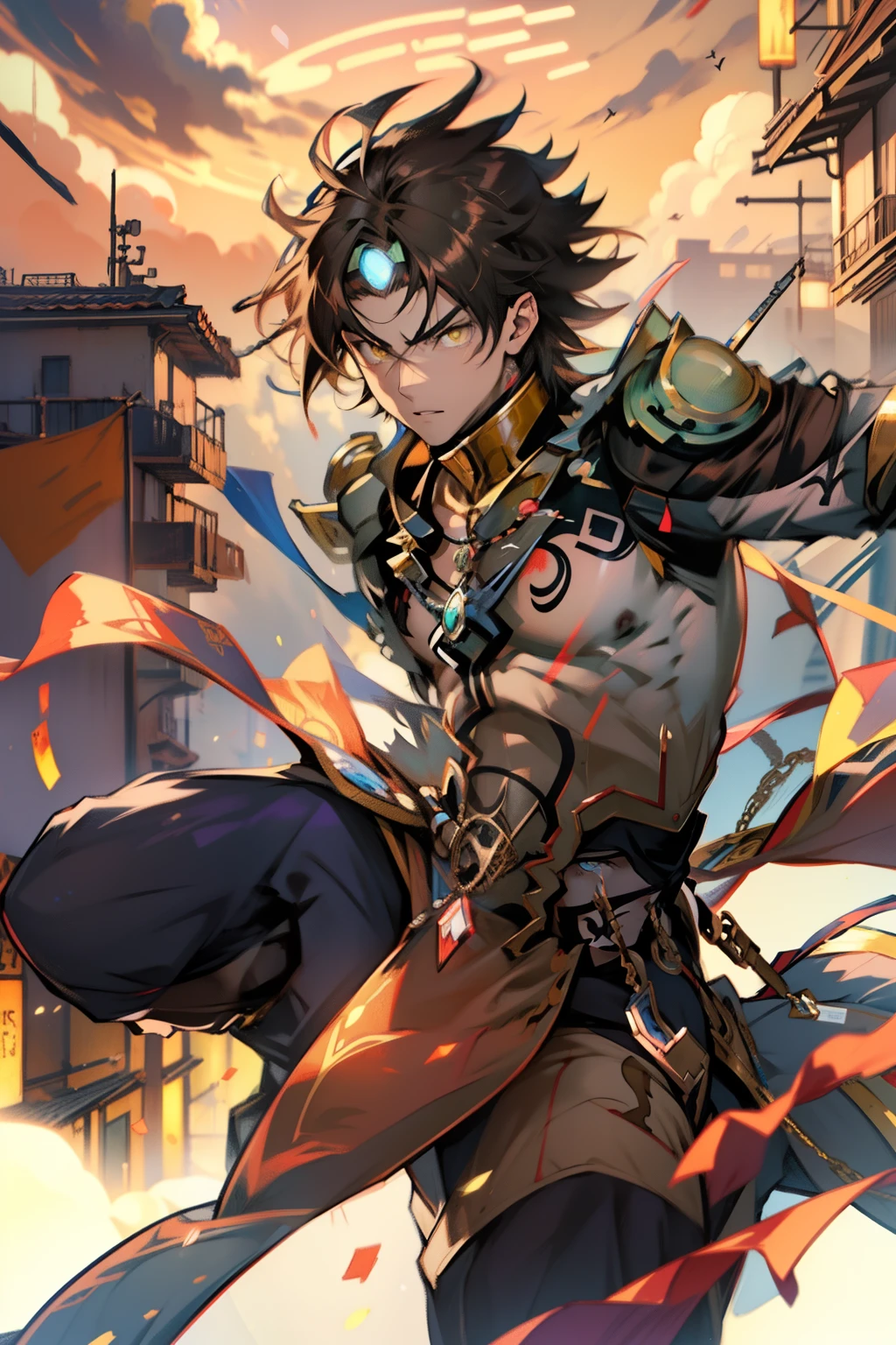 male people，((Masterpiece)), ((Best quality)), Ultra detailed,((illustration)), Dynamic Angle, Detailed light, (Delicate eyes), Floating, 1boy, Male focus, Head, Clothing, Yellow eyes, necklace, tattoo,hijabi sluty， (Forehead:0.8), (ahoge:0.8), jewelry, apathy，Ray， chest muscle， Sexy ,frontage，style of anime4 K， 4K anime wallpaper， Badass anime 8 K， 4 k comic wallpaper， young anime man， Anime boys， Anime wallpapers 4 k， Anime wallpaper 4K， High quality anime art style， Anime moe art style， Anime art wallpaper 8 K， Anime art wallpaper 4 K， RGB lighting