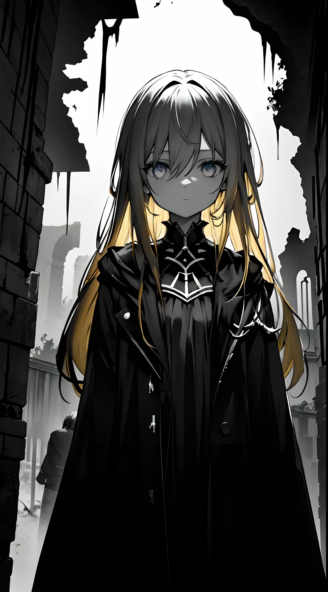 Within the ruins, very dark chaos vibes, there was a glowing in the dark blonde haired girl, standing under a dark sky without stars and sun ((monochromatic))