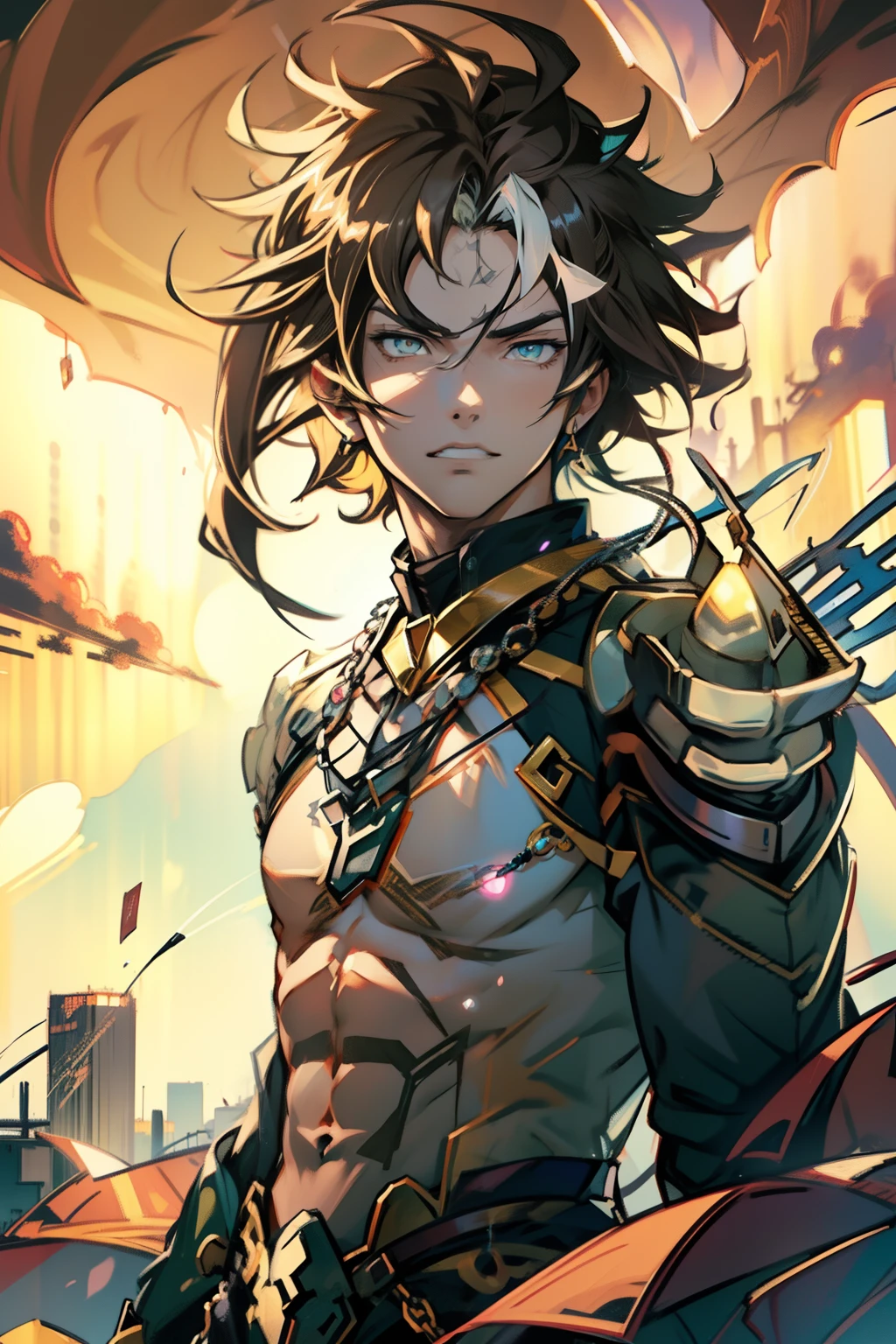 male people，((Masterpiece)), ((Best quality)), Ultra detailed,((illustration)), Dynamic Angle, Detailed light, (Delicate eyes), Floating, 1boy, Male focus, Head, Clothing, Yellow eyes, necklace, tattoo,hijabi sluty， (Forehead:0.8), (ahoge:0.8), jewelry, apathy，Ray， chest muscle， Sexy ,frontage，style of anime4 K， 4K anime wallpaper， Badass anime 8 K， 4 k comic wallpaper， young anime man， Anime boys， Anime wallpapers 4 k， Anime wallpaper 4K， High quality anime art style， Anime moe art style， Anime art wallpaper 8 K， Anime art wallpaper 4 K， RGB lighting