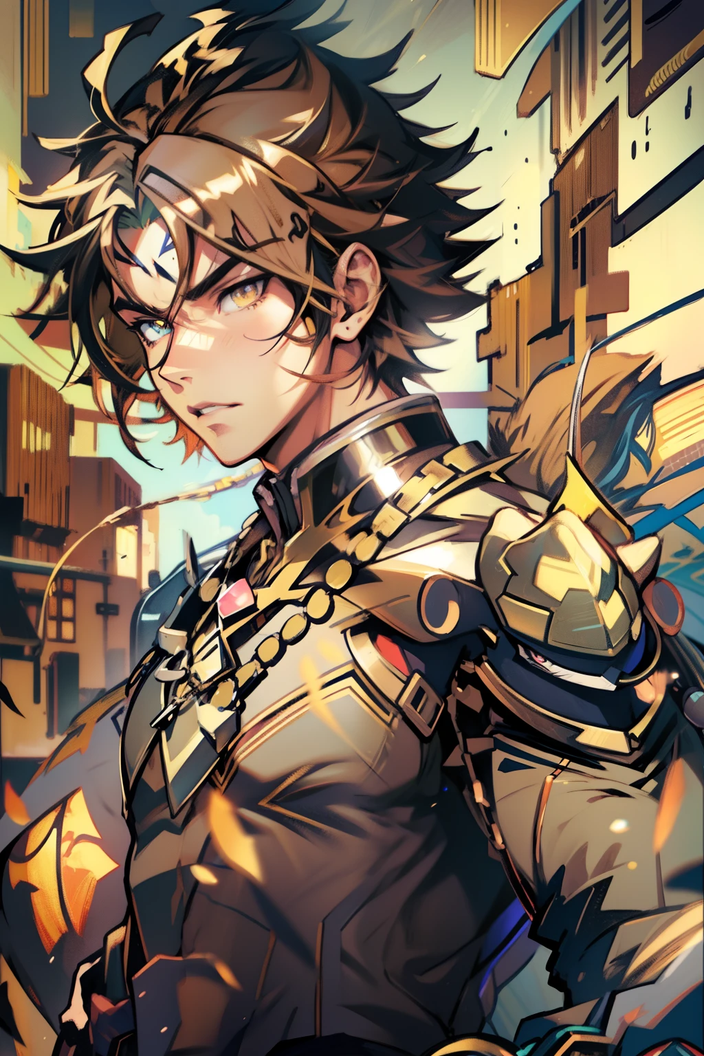 male people，((Masterpiece)), ((Best quality)), Ultra detailed,((illustration)), Dynamic Angle, Detailed light, (Delicate eyes), Floating, 1boy, Male focus, Head, Clothing, Yellow eyes, necklace, tattoo, (Forehead:0.8), (ahoge:0.8), jewelry, apathy，Ray， chest muscle， Sexy ,frontage，style of anime4 K， 4K anime wallpaper， Badass anime 8 K， 4 k comic wallpaper， young anime man， Anime boys， Anime wallpapers 4 k， Anime wallpaper 4K， High quality anime art style， Anime moe art style， Anime art wallpaper 8 K， Anime art wallpaper 4 K， RGB lighting