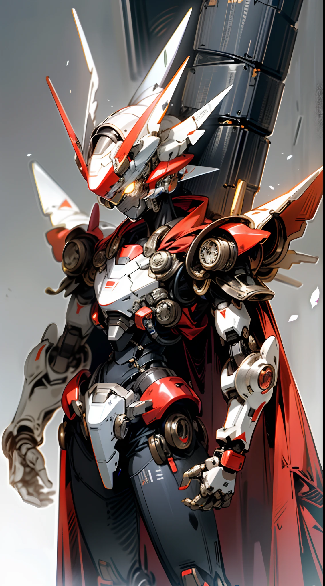 Dark_fantasy,cyber punk perssonage,(The prototype of Mega Man,Red and white armor,A fluttering red cape,shelmet,:1.1),1人,Mechanical Wonder,Robotic presence,cybernetic guardians,Boosters,whole body display