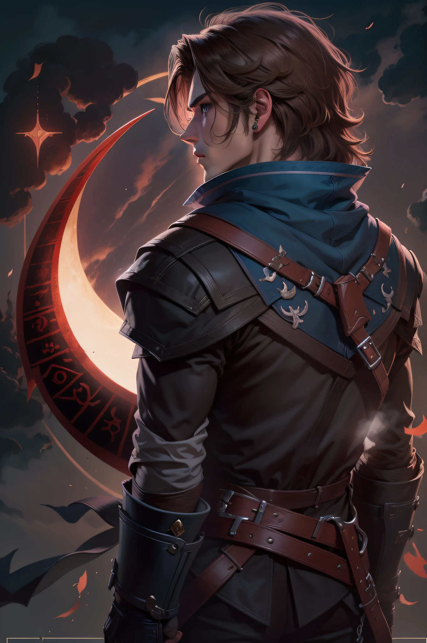 Full body, arcane symbols, runes, dark theme, beautiful, handsome,brown hair, man ,man , young , 18 years, castlevania, hunter , male, man, man , brown hair , man , man, arrow ,short hair, style Richter belmont , cabelo curto social, from the back looking sideways with a sky behind on a red night with a moon , personagem de cabelo castanho curto zoom segurando uma um chicote com lamina azul. Sad looking up at the sky, sentado sit, realista 4k, BRASAO NAS COSTAS DE UM LEAO RAMPANTE