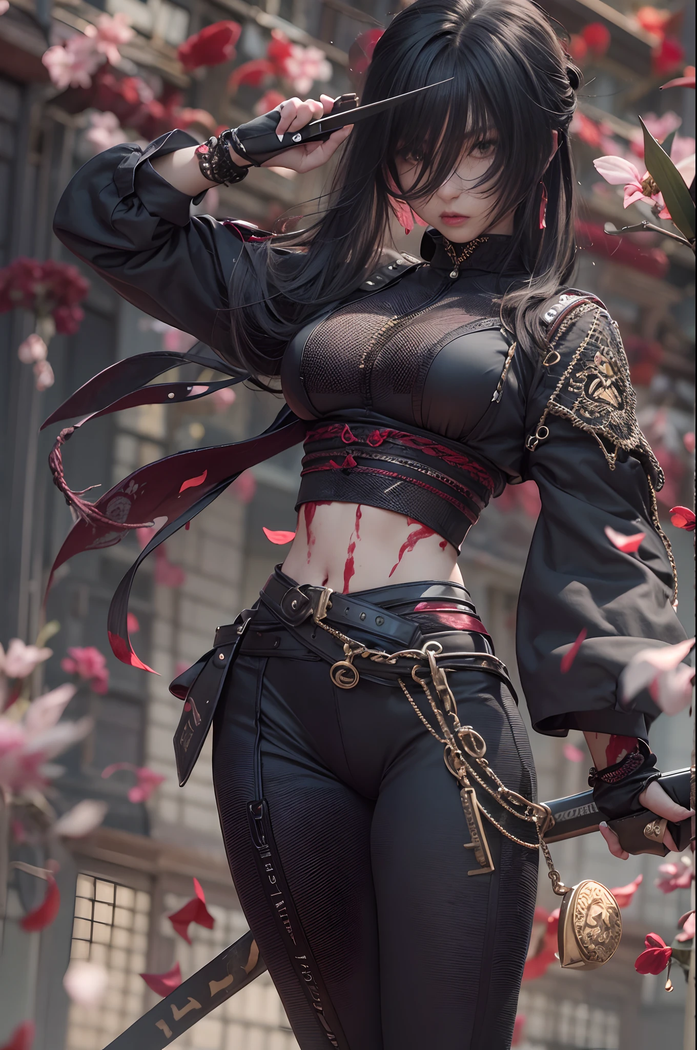 Black hair, 1 Female Assassin, black reotard, black colored leggings，Female ninja, Sexy body, Bigchest, Thin waist and thick hips, long leges, thick thight, jumpping，Eaves, Japanese-style architecture in the background, Hair coiled, Delicate facial features, largeeyes, long eyelasher, He had multiple stab wounds on his body, Clothes are cut, Stained with blood, Fighting arts, Fighting posture, Leap action, sakura flowers falling, Swords, surrealism, raised fist, Cinematic lighting, 8K, Super detail, Textured skin, High details，Darts around，Metal chains，Lock sickle，