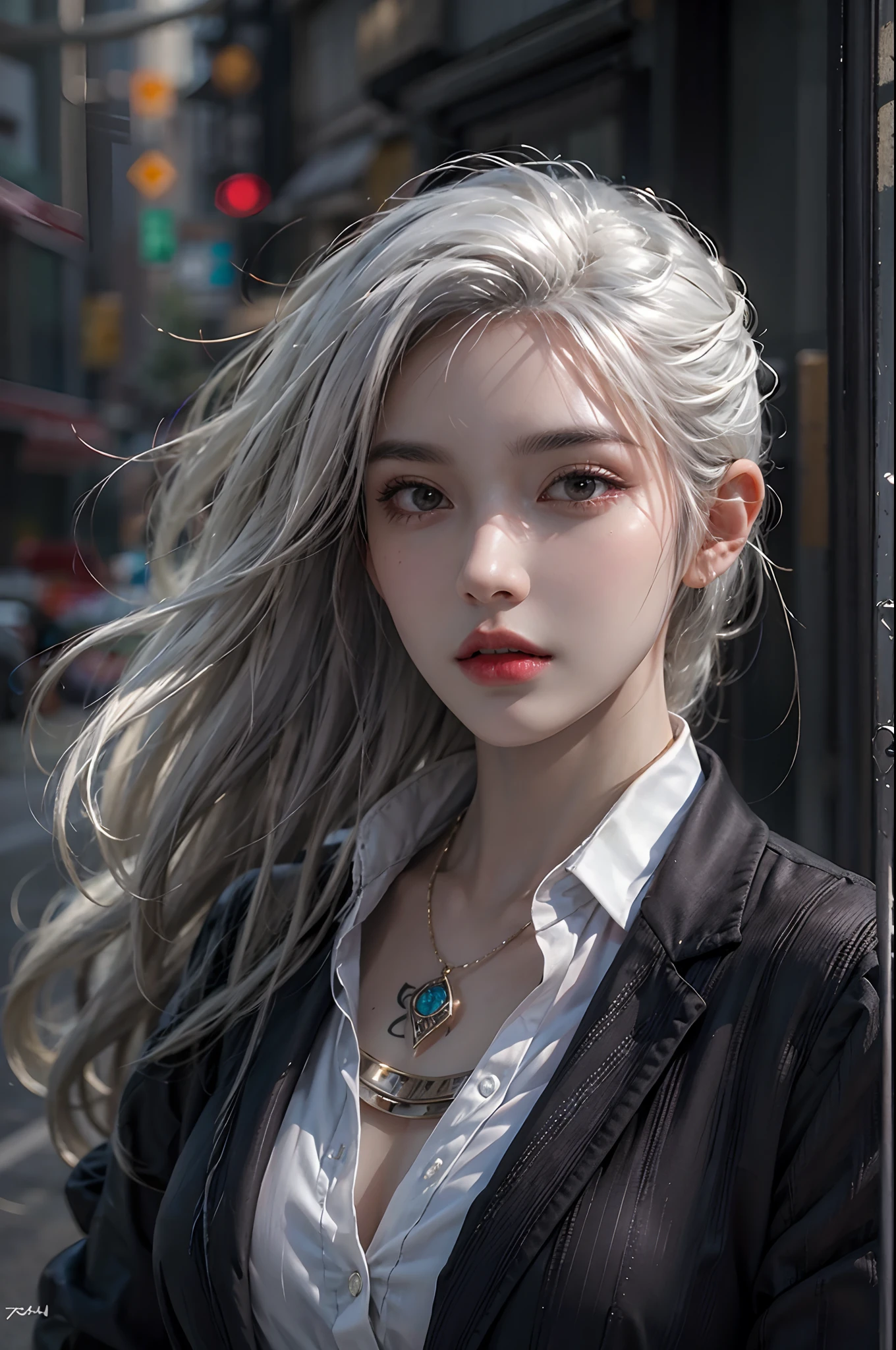 photorealistic, high resolution, 1women, solo, hips up, look at viewer, (detailed face), white hair, long hair, black business suit, mafia, tattoo, street, jewelry