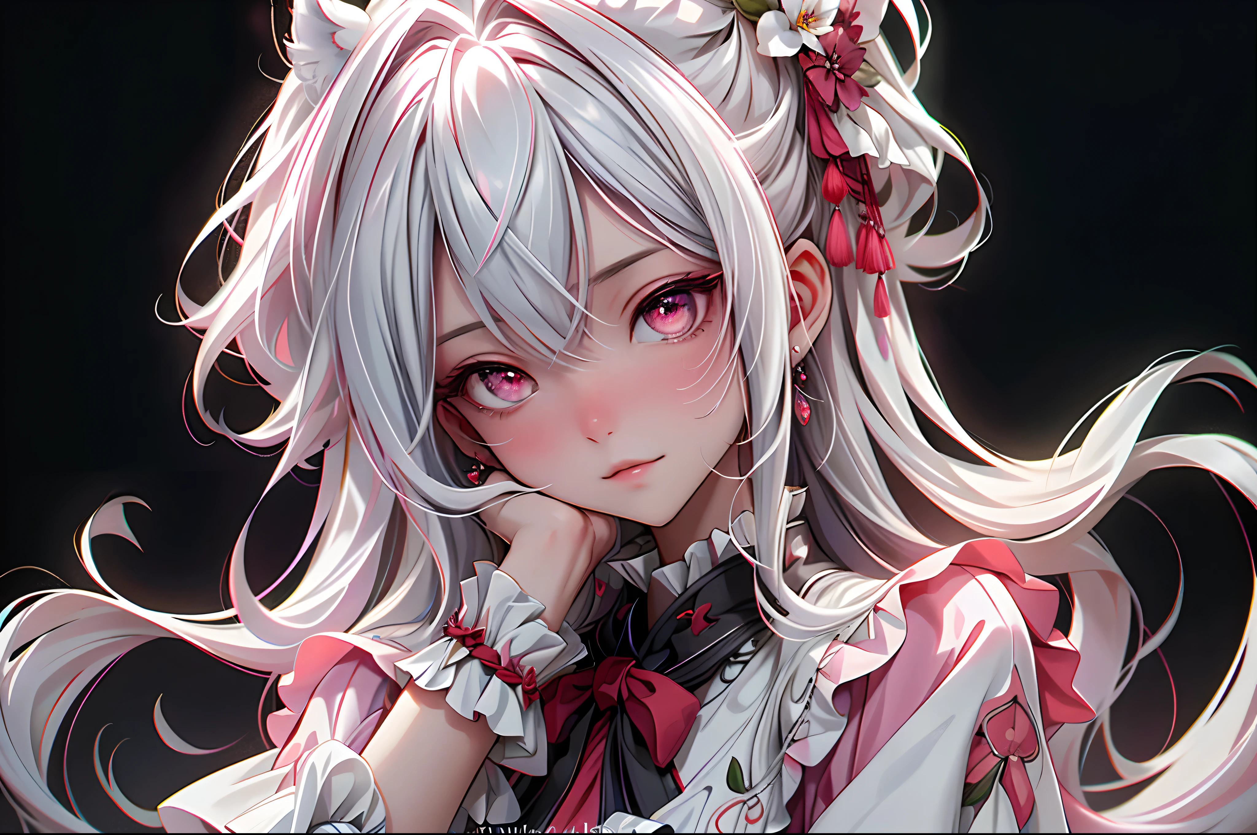 idoly,tmasterpiece,top-quality,Beautiful face,Absurdity,(Close-up of the head,White frilled mini skirt,White collar,White frilled cuffs,particle effect:1.5),(ssmile:1.5),(white color hair,A few strands of red hair,Red-pink eyes:1.7),dual horsetail,Jellyfish head,Sharp focus,Realistic and detailed,A high resolution,best detail,hyper-high detail,Facial and eye details,Sharp pupils,Realistic pupils,Sharp focus,Smooth skin,(blooms,Halo:1.4),(dark studio,deep dark background:1.5),Edge lighting,Dynamic, dramatic lighting,HDR,8k