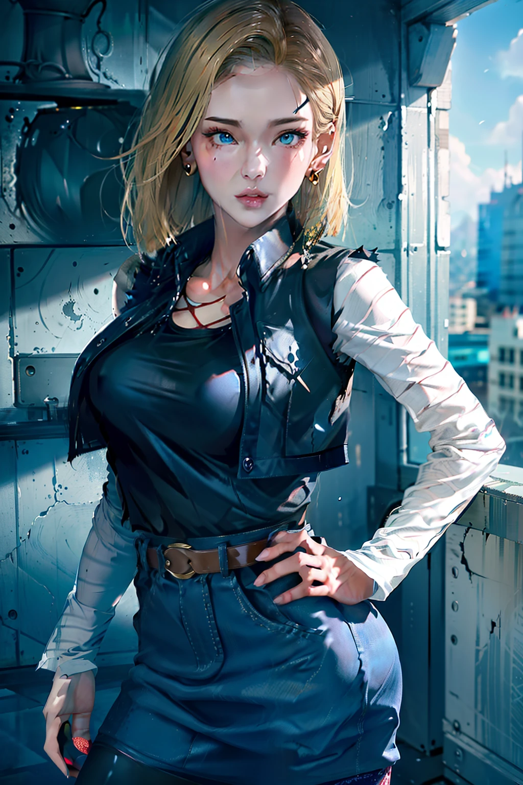 (very detailed background:1.0), (highly detailed background:1.0),absurdres, ((masterpiece:1.2, best quality)), ultra detailed, Ultra-precise depiction, Ultra-detailed depiction, best quality, extremely detailed, (dynamic pose), (photorealistic:1.4), official art, unity 8k wallpaper, beautiful and aesthetic, looking at viewer, 1lady, wide hips, (shiny skin), many colors, dynamic angle, the most beautiful form of chaos, elegant, a brutalist designed, romanticism, deep shadow, low key, looking back, ANDROID_18, AND18, and18, 1girl, android 18, solo, blonde hair, blue eyes, short hair, earrings, jewelry, denim vest, open vest, black hose, black shirt, denim skirt, striped long sleeves, blue skirt, large breas