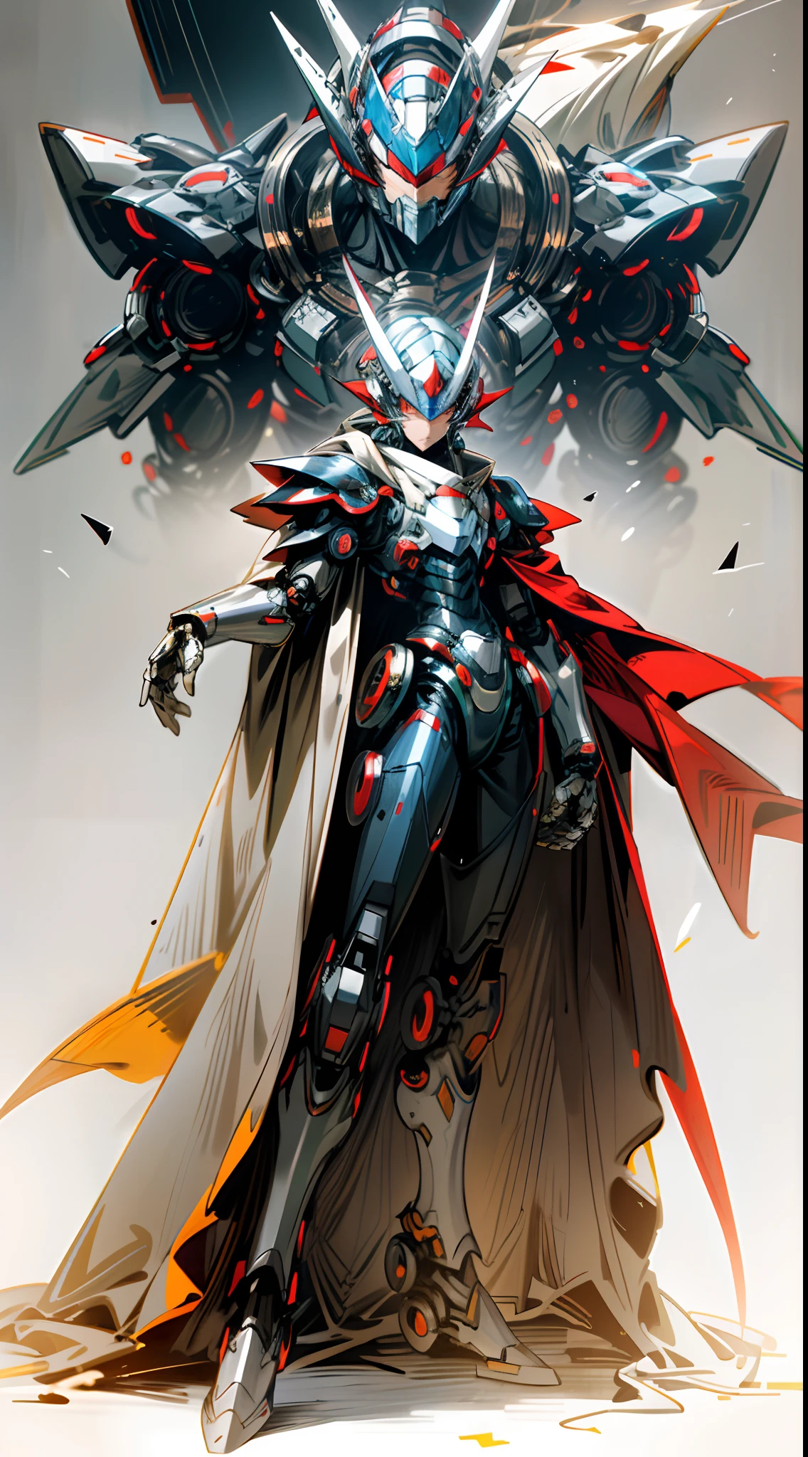 Dark_fantasy,cyber punk perssonage,(The prototype of Mega Man,Red and white armor,A fluttering red cape,shelmet,:1.1),1人,Mechanical Wonder,Robotic presence,cybernetic guardians,Boosters,Pose。whole body display