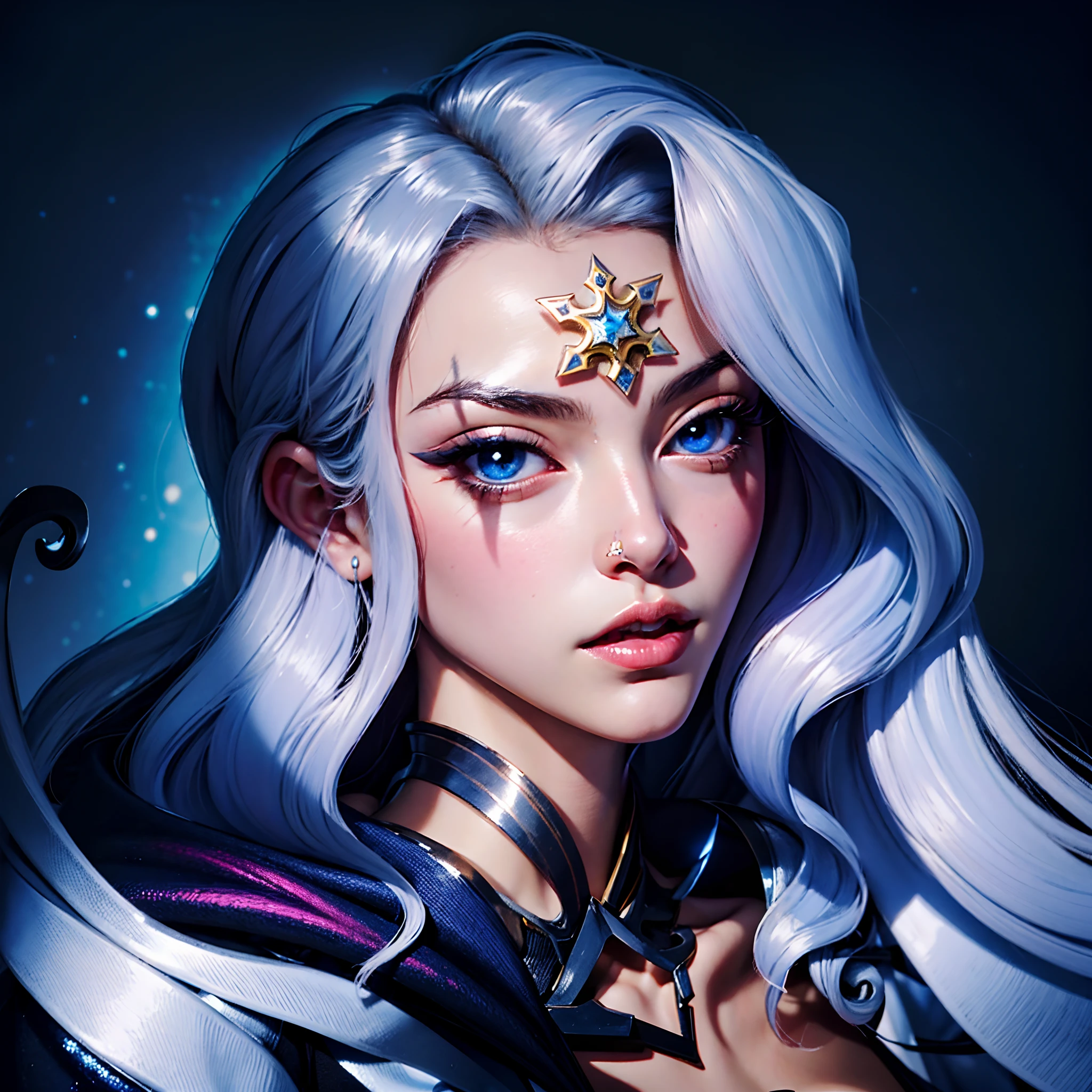 Un primer plano de una mujer con cabello white largo y una estrella en la frente, Retrato de una maga, Retrato de una bruja elfa, Retrato en primer plano de una maga, pintado en el estilo arcano, Retrato de hechicero, Retrato de una hechicera, Retrato Elfa Maga Anime Cartoon, Cabello Blanco ojos azul claro brillantes, navidad