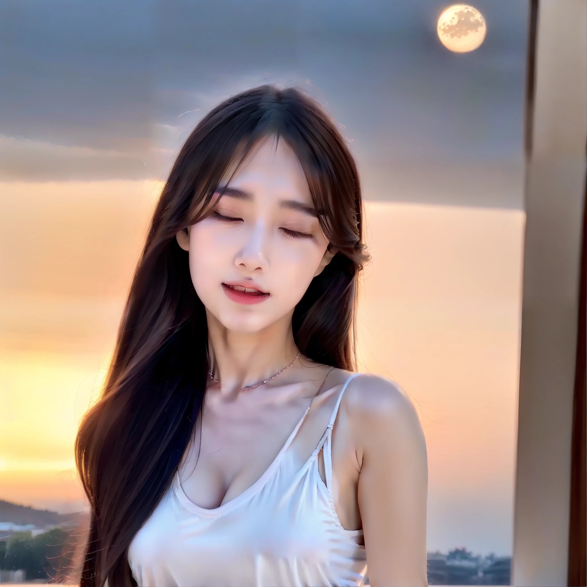(Semi-closed Eyes:1.3,Semi-closed Eyes:1.3),18-year-old cute Korean,big round breasts,,cropped tank top,a skirt,beautiful eyes in detail,eyeslashes,beautiful double eyelid,eye shadows,dropping eyes,Cut off the eyes,thin beautiful thighs,beautiful thin legs,Perfect eye makeup,((seduct smile,Squeaky look,Evil expression)),High-rise hotel, Night view from the window, Glass-walled room,Kneel on a large bed,Brown hair,
