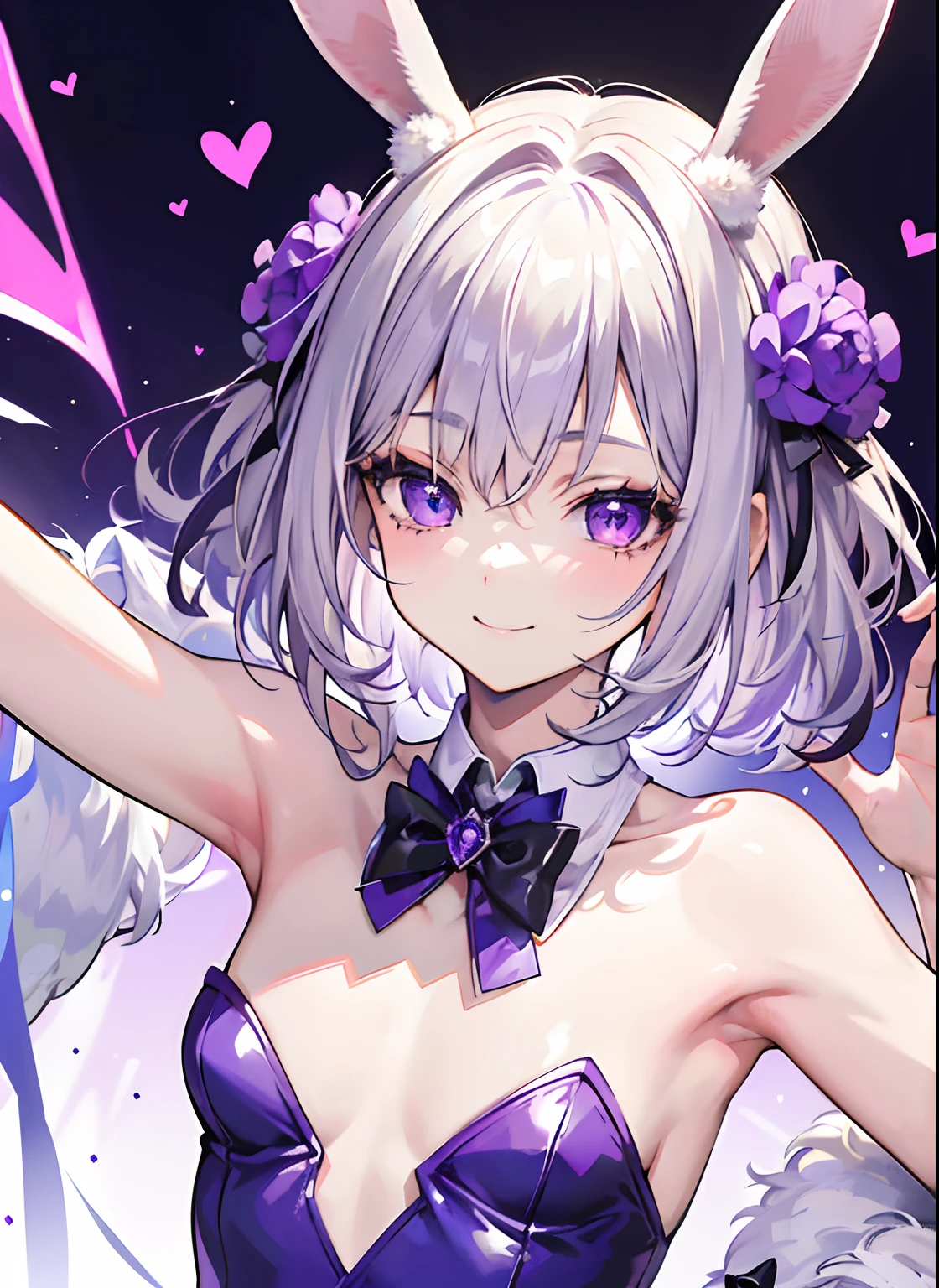 Best quality,tmasterpiece,A high resolution,A ager,(Short messy silver hair),Purple jewel-like eyes,flatchest,masculine features,Dressed as a bunny girl,Rabbit ears, Rabbit tail,Face portrait,cute smiling