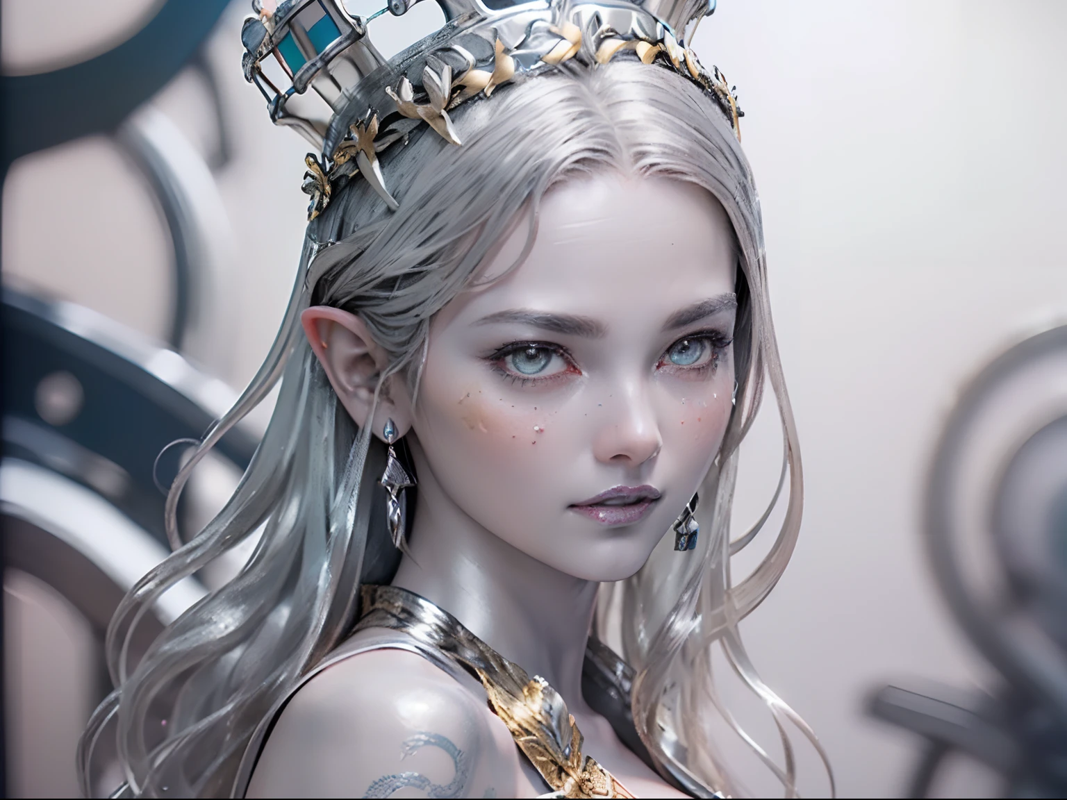 Ultra-detailed complex 3D rendering of the face, (masterpiece, top quality, octane rendering,), glamour shots full body image, very beautiful young elves, cleavage, (highly detailed skin: 1.2), (exposure: 1.1), ((blue micro bikini: 1.95)))). , 8k, (((very soft breasts)), (((conspicuous large pink areola)), beautiful Caucasian woman with white skin with full soft breasts with big buttocks, one, long braided hair, big breasts, dynamic angles, (((huge breasts: 2.4)), ultra-realistic photos, ((((((silver hair)))), futuristic urban background, facial muscles, (((((detailed and glamorous silver crown)))), In the style of Marvel Comics, ArtStation Trends, Clear Focus, Intricate Details, Very Detailed, Detailed Green Eyes, Sharp Focus, Digital Rendering, Professional, Abs, Lip Gloss, Glossy Skin, Sexy Pose, Golden Tattoo All Over Body, Silver Pattern All Over Body, Silver Lame Skin, Gold Glitter Skin, Mansuji, Buttocks, Jeweled All Over the Body, with silver scales, silver hair,