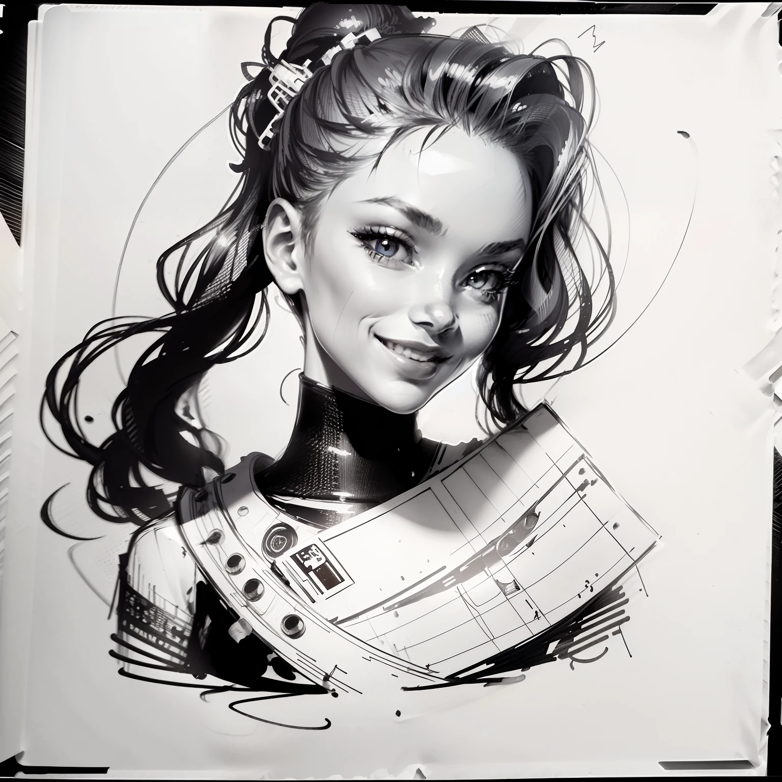 "A captivating fashion model android with a vibrant smile in sketch style, monochrome. closed up portrait, passport sized, smiling, and loving expression. Sketch style, black and white."
