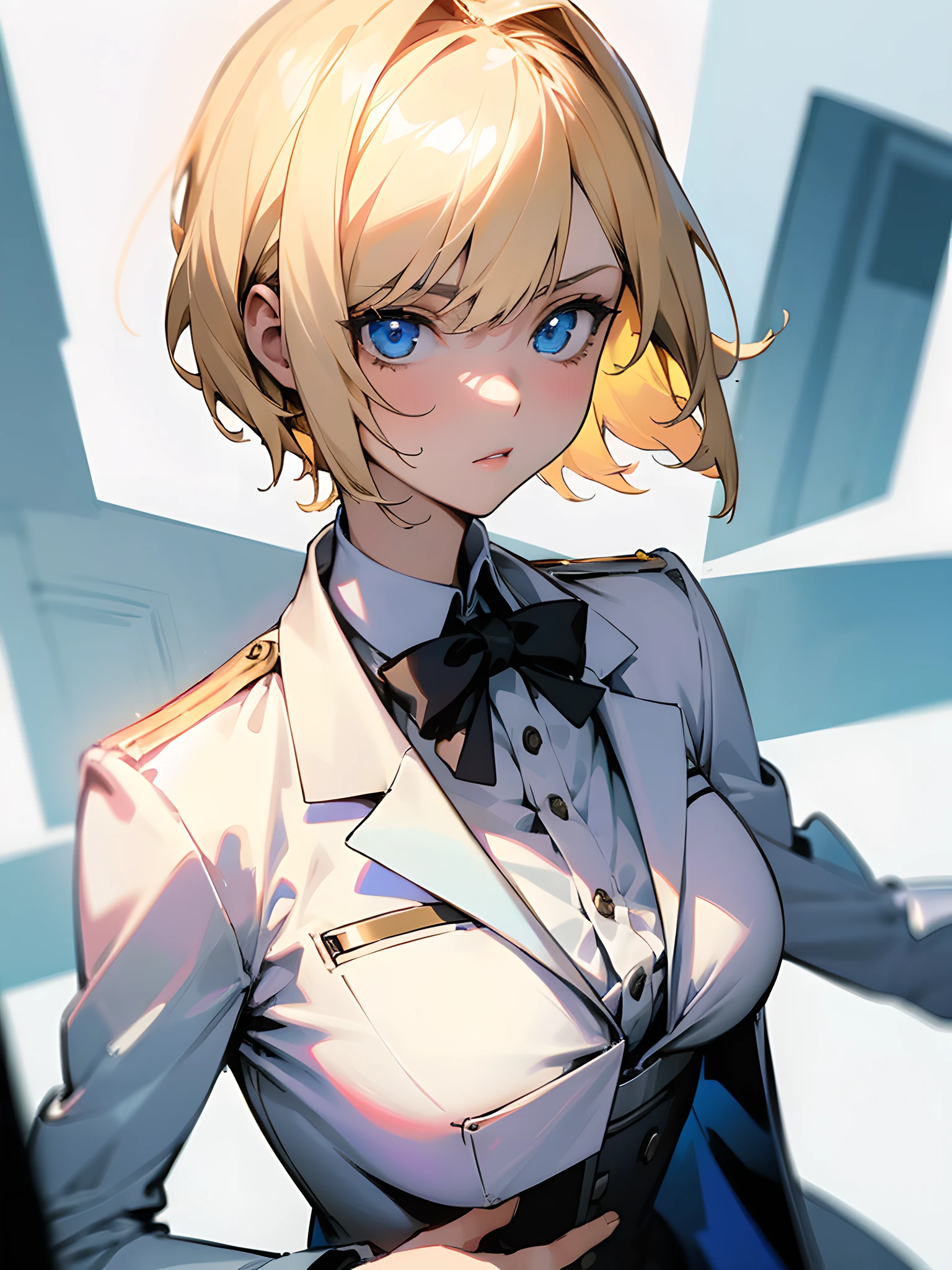 1girl, short blonde hair, blue eyes, wearing white tuxedo, city, high res, ultrasharp, 8k, masterpiece, looking at viewer, sternritter