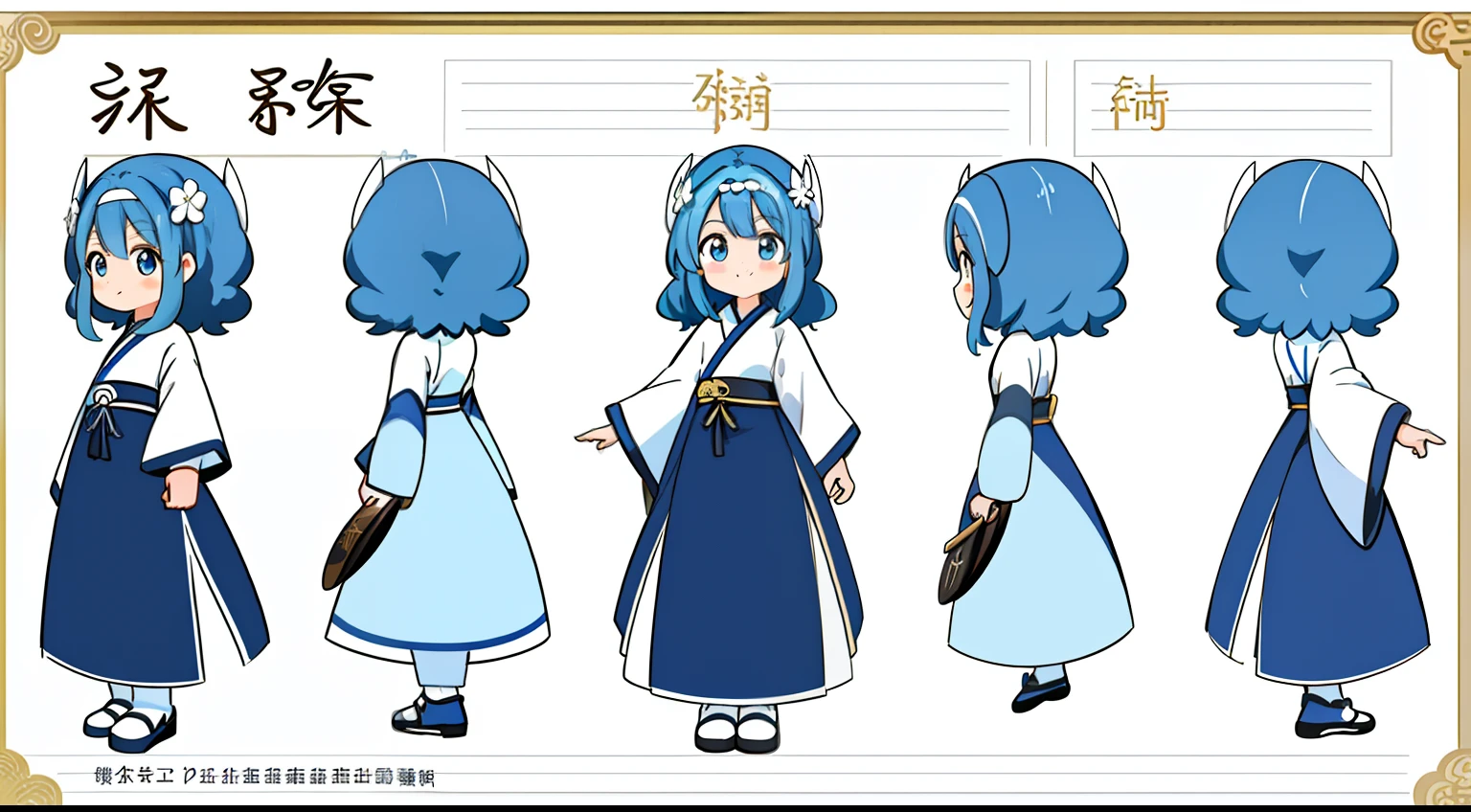 Cute girl reference table，cabelos preto e longos，ssmile，Blue and white Hanfu，Gangnam，详细的脸，adolable，detailed hairs，Image IP，concept-art，concept art of character，Character sketches，reference sheet，Role table，frontage，on  back，Lateral face，