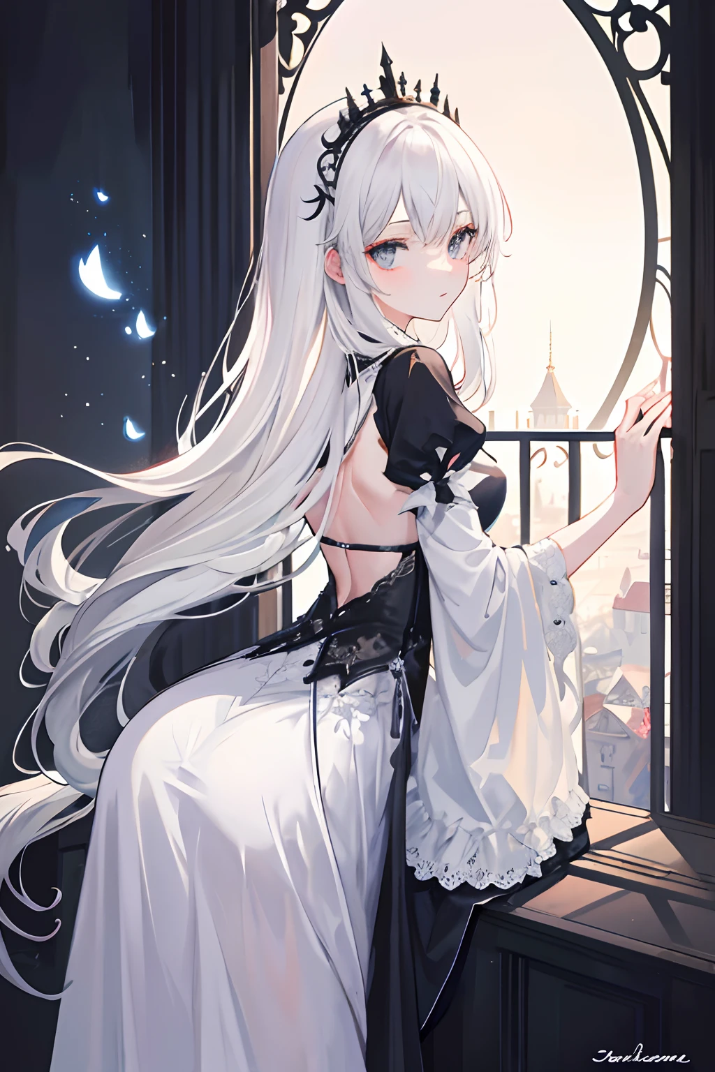 (best qualtiy:1.3),(tmasterpiece:1.1),(illustratio:1.2),(ultra - detailed:1.2),beatiful detailed eyes,(gotik:1.2),(extremely detailed background:1.1),(ln the forest:1.2) ,(mont),natta,a moon,Castle on the distant hill,(stooped:1.3),(hindquarters:1.2),back to look back,(Raise your ass:1.2),(Close to the butt:1.3),(1girl in balcony:1.4),Balcony railings,(wariza:1.2),(Sat down:1.3) (1girl:1.3),(solo:1.3),(White hair),(Long hair:1.1),full bodyesbian,White stockings,gossamer,shift dresses,Tights,The back is cutout,Clothing cutouts,