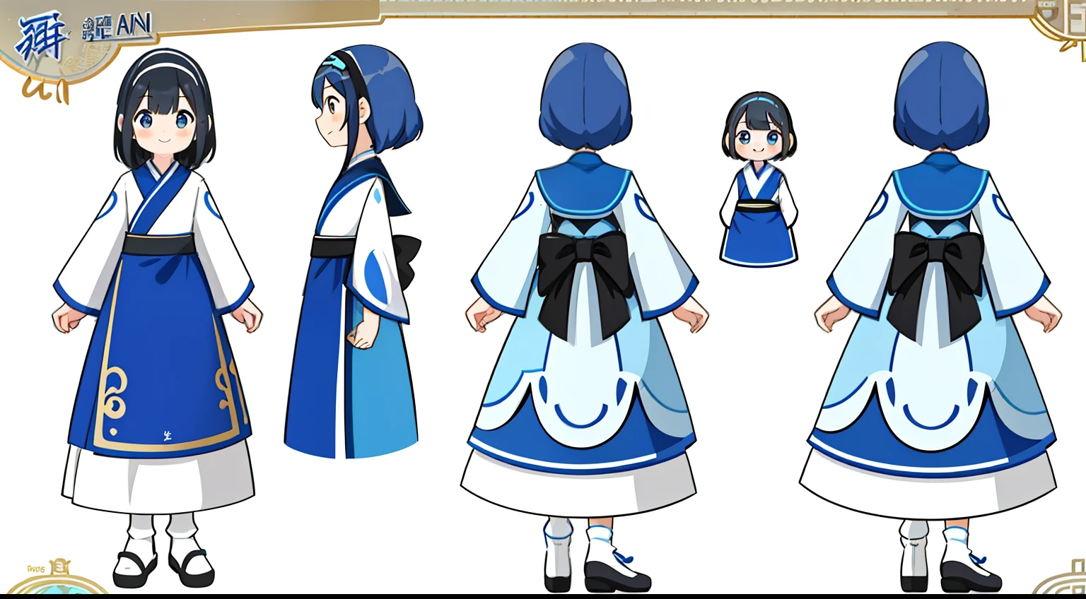 Cute girl reference table，cabelos preto e longos，ssmile，Blue and white Hanfu，Gangnam，详细的脸，adolable，detailed hairs，Image IP，concept-art，concept art of character，Character sketches，reference sheet，Role table，frontage，on  back，Lateral face，