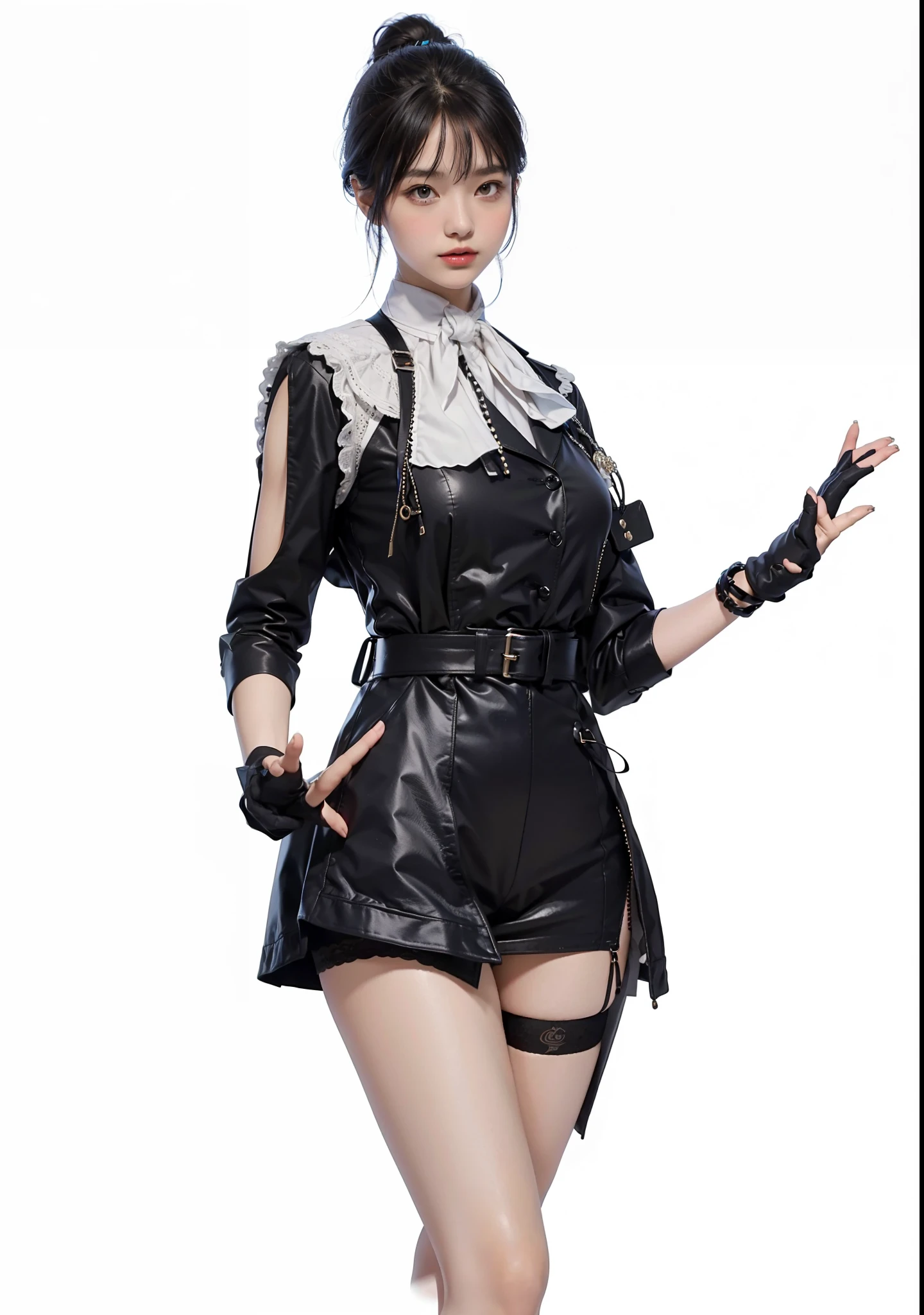 best qualtiy, Full body like，Refined face，pretty  face，25 years old woman，slimfigure，Smaller bust，office lady uniform，Office wear，black lence stockings，（Castle background：1.3）