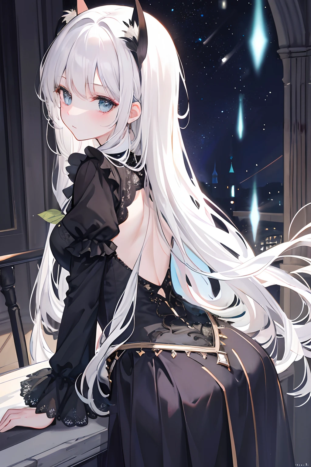 （best qualtiy：1.3），（tmasterpiece：1.1），（illustratio：1.2），（ultra - detailed：1.2），beatiful detailed eyes，（gotik：1.2），（extremely detailed background：1.1），（ln the forest：1.2） ,(mont),natta,a moon,Castle on the distant hill,(stooped:1.3),(hindquarters:1.2),back to look back,(Raise your ass:1.2),(Close to the butt:1.3),(1girl in balcony:1.4),Balcony railings,(wariza:1.2),(Sat down:1.3) (1girl:1.3),(solo:1.3),(White hair),(Long hair:1.1),full bodyesbian,White stockings,gossamer，shift dresses，Tights，The back is cutout，Clothing cutouts，
