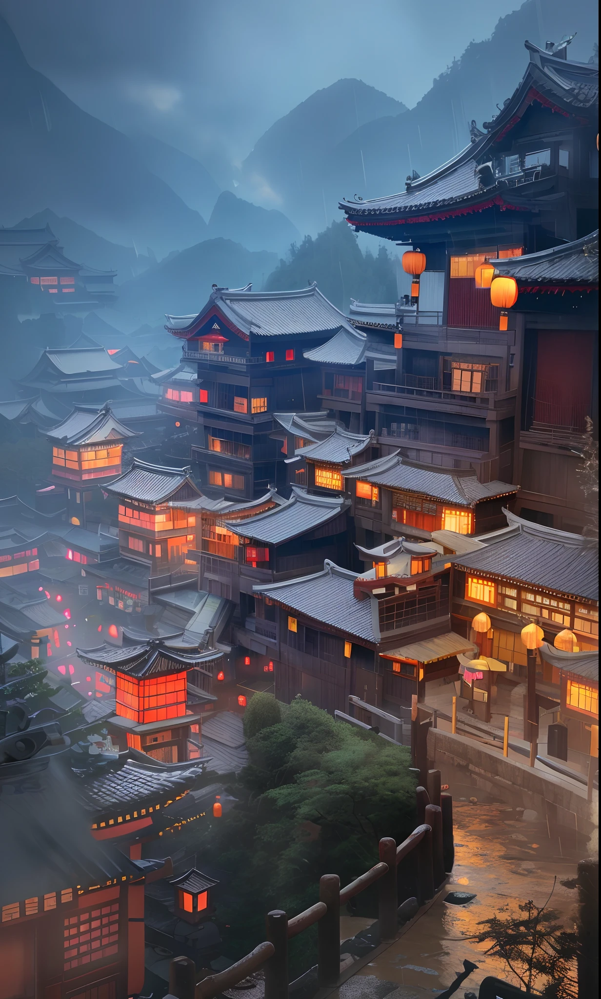 arafed view of a village with a lot of lights on the buildings, dreamy chinese town, chinese village, amazing wallpaper, japanese town, japanese village, hyper realistic photo of a town, old asian village, japanese city, by Raymond Han, rainy evening, cyberpunk chinese ancient castle, beautifully lit buildings, at evening during rain, beautiful and aesthetic, photography, cinematic, 8k, high detailed ((Heavy rain)))