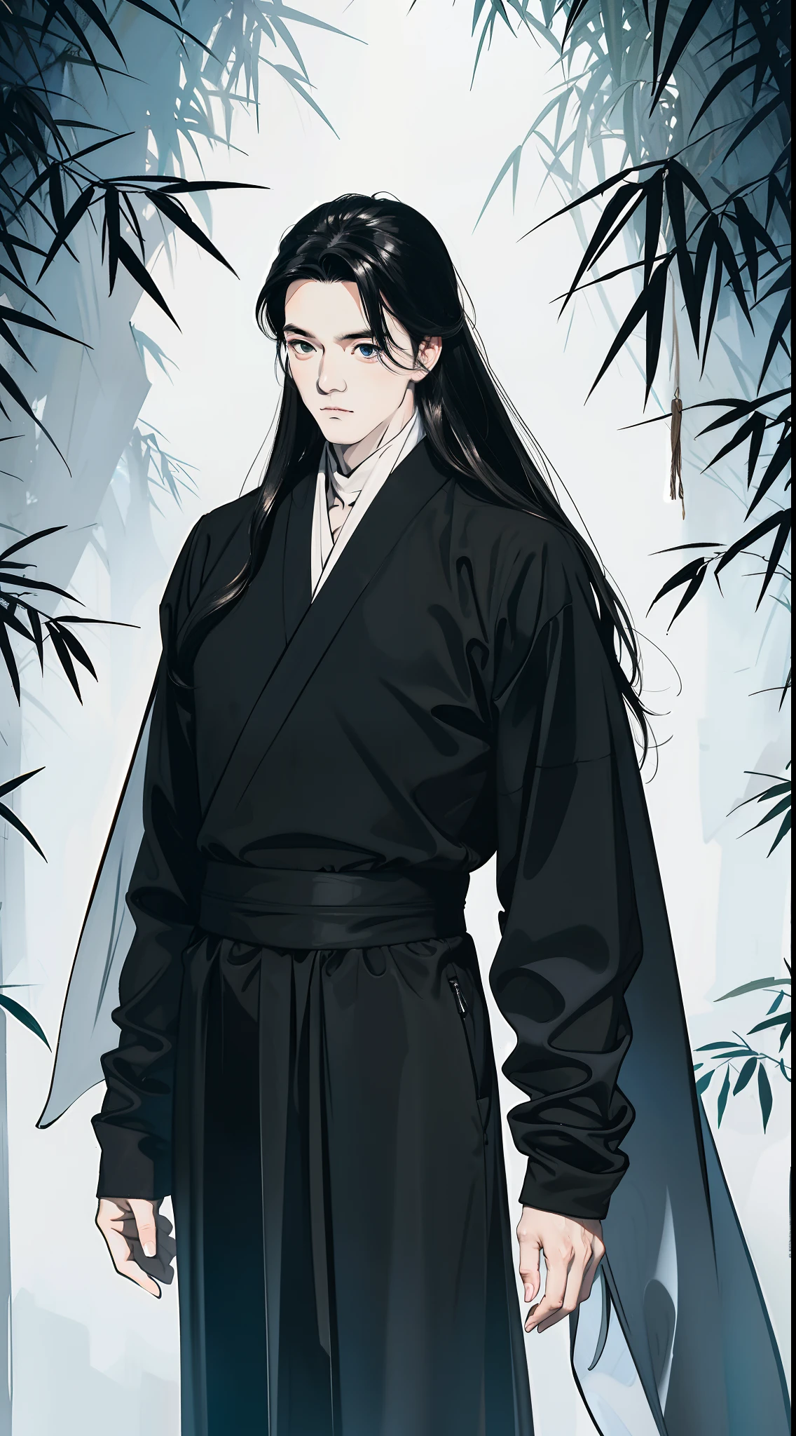 Man in black，bamboo forrest，closeup cleavage，Handsome，gloom，long whitr hair，ancient wind