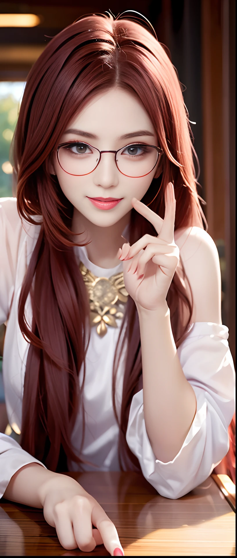 Girl with long purple hair，Eyes full of wisdom and charm，Wear large spectacle frames，Spread out on the table，Show off your proud figure，1 to 4 fingers