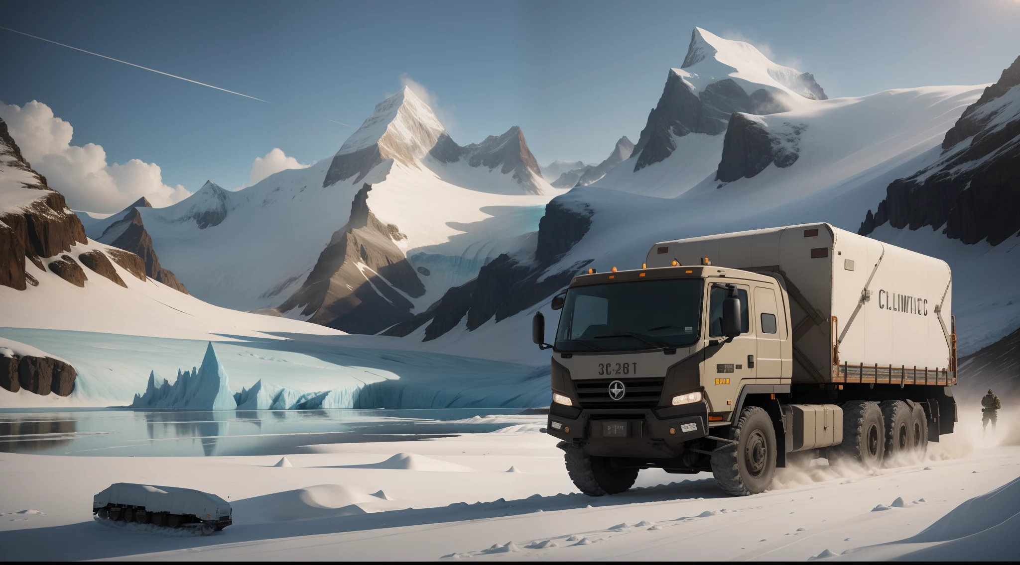 Cinematic texture，Realiy，Super fine，Reality Photos，Artistic sense，Military heavy delivery vehicles，Glacier crossing，More amount of detail，Super realistic photos