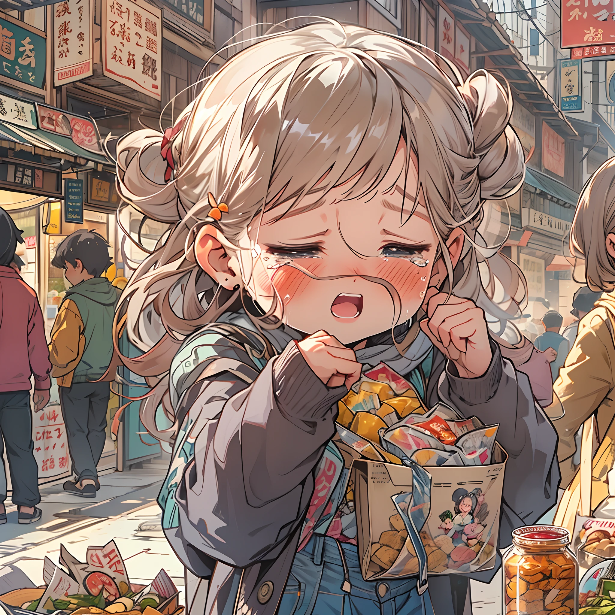 a little lovely ??? girl,Crying,Pulling on your parents' clothes,The background is on a lively and bustling snack street