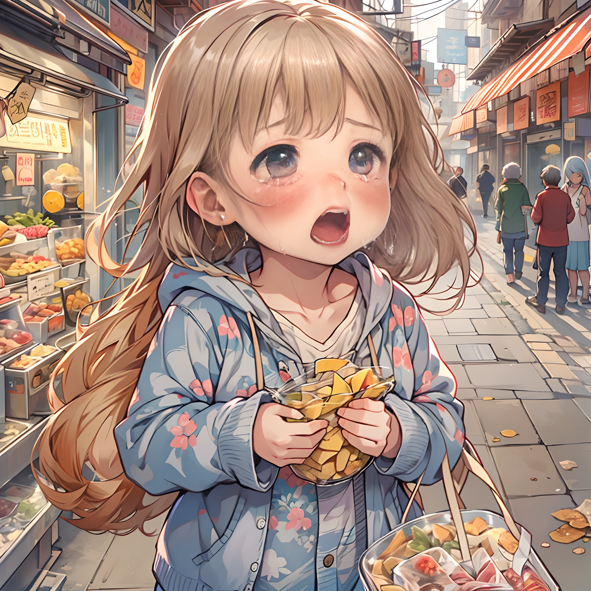 a little lovely ??? girl,Crying,Pulling on your parents' clothes,The background is on a lively and bustling snack street