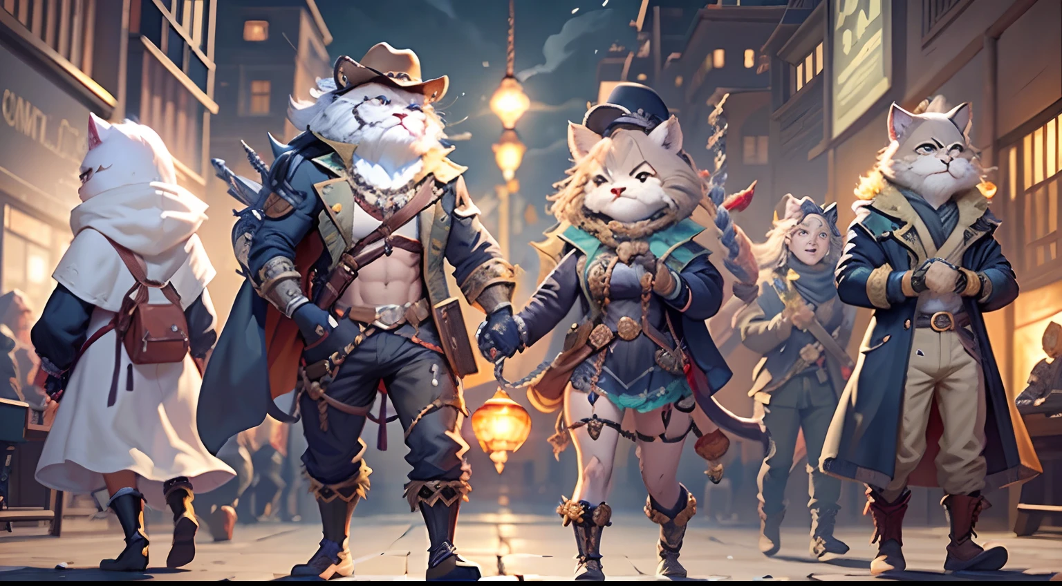 a couple of persian cat Anthropomorphic, , ,, , with his dress with intricate ornamentation orange and purple ,with a cowboy hat ,, , highest quality,, very angry face, greaves, playing an electric guitar, high quality, body fitness, full body, long hair with braids, octopath traveler, romance book cover, boris valejo. octopath traveler, octopath traveller style, hands holding big glowing orbs, artbook artwork, full art illustration, official art, official artwork hdr, promotional art, character album cover, light novel cover art, official artwork, romance novel cover