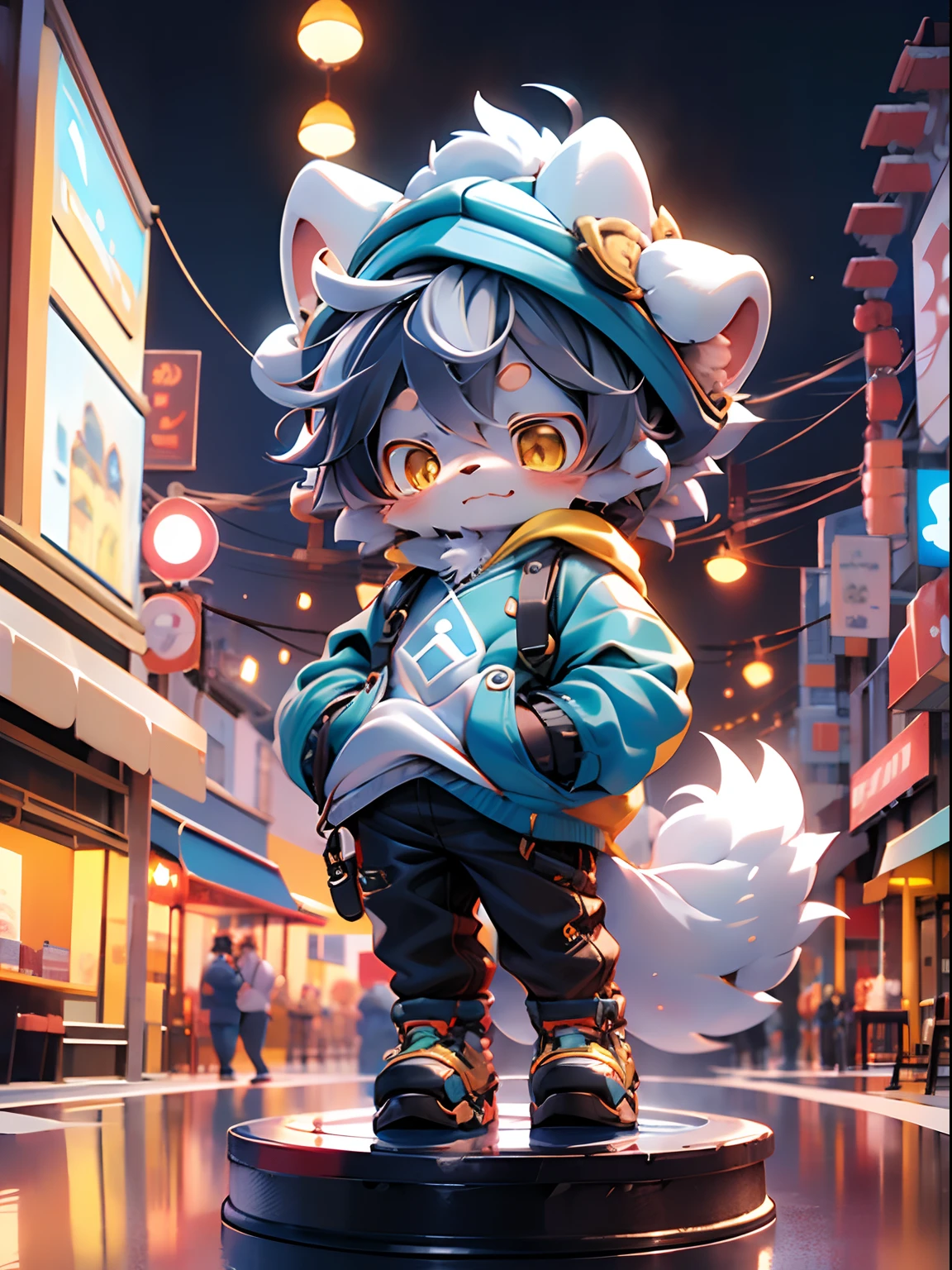 shaggy，，shaggy，Gray fur，Masculine，Canines，arctic fox，Single Person，sharp claws， Detailed Fur， golden yellow eyes，Fluffy Tail，Blue sweatshirt，White jeans，Hyper detailed：1.0，City street，Detailed Background,The boy，toddlers，（By Dagasi：1.1），Anatomically Correct