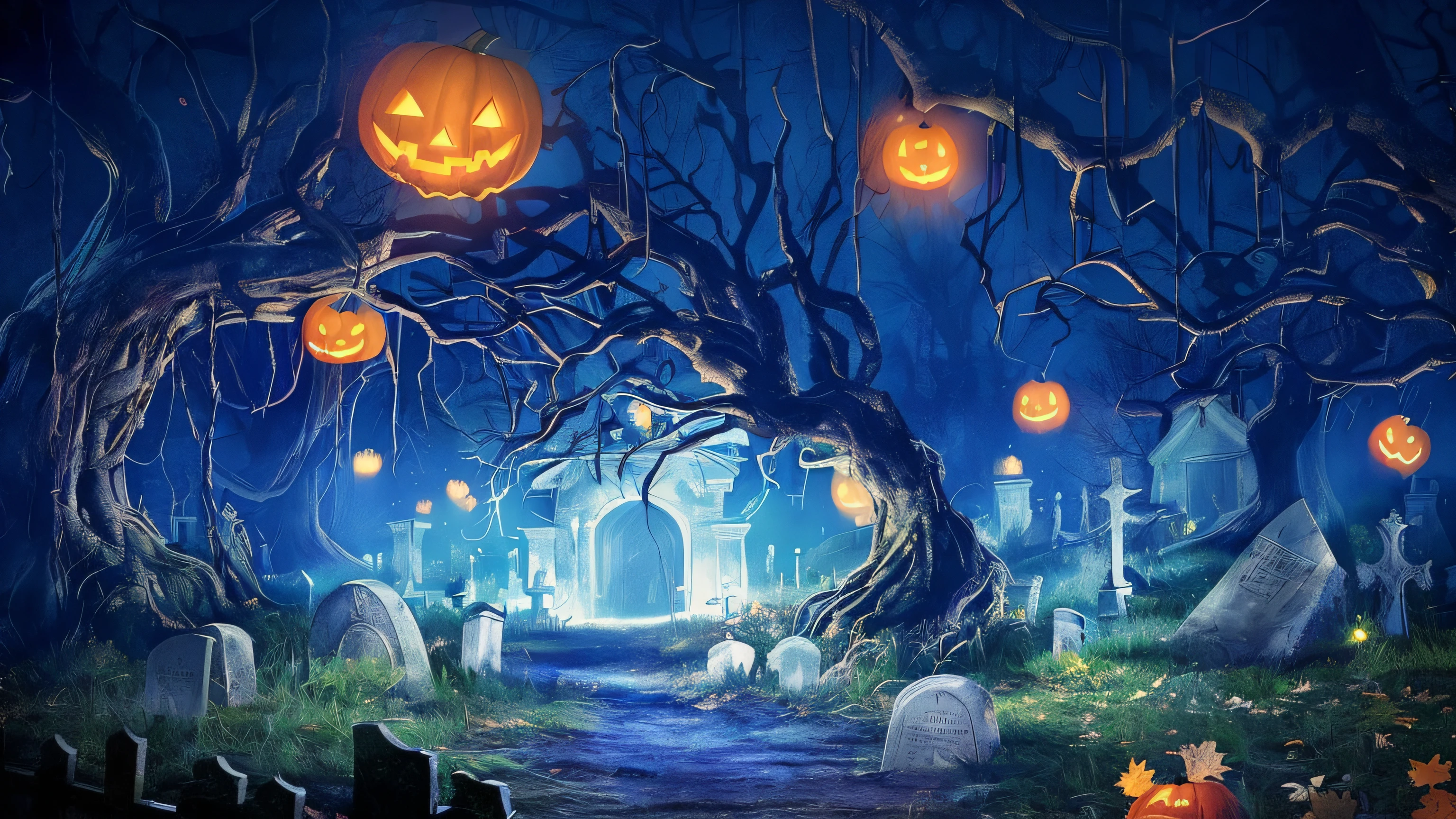 Halloween scene with pumpkins and graves in the cemetery, halloween atmosphere, halloween scene, halloween art style, scary magical background, background artwork, spooky halloween night, Glowing pumpkins under trees, spooky halloween theme, halloween night, halloween theme, spooky and scary atmosphere, arte de fundo, halloween celebration, halloween wallpaper with ghosts, Night of horrors, horror fantasy art, Amazing!, Spooky forest