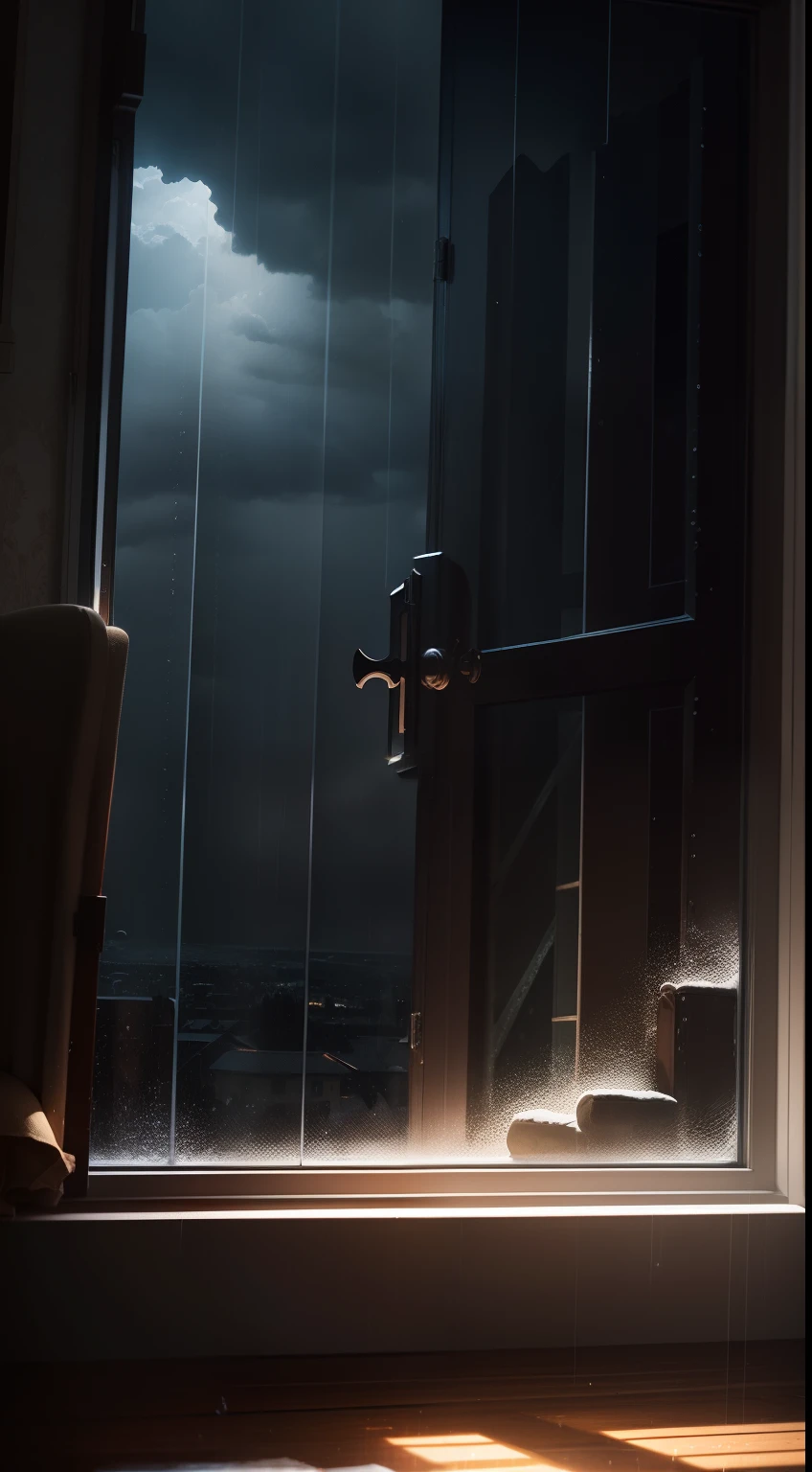 A dark window, with rain and thunderstorms outside.