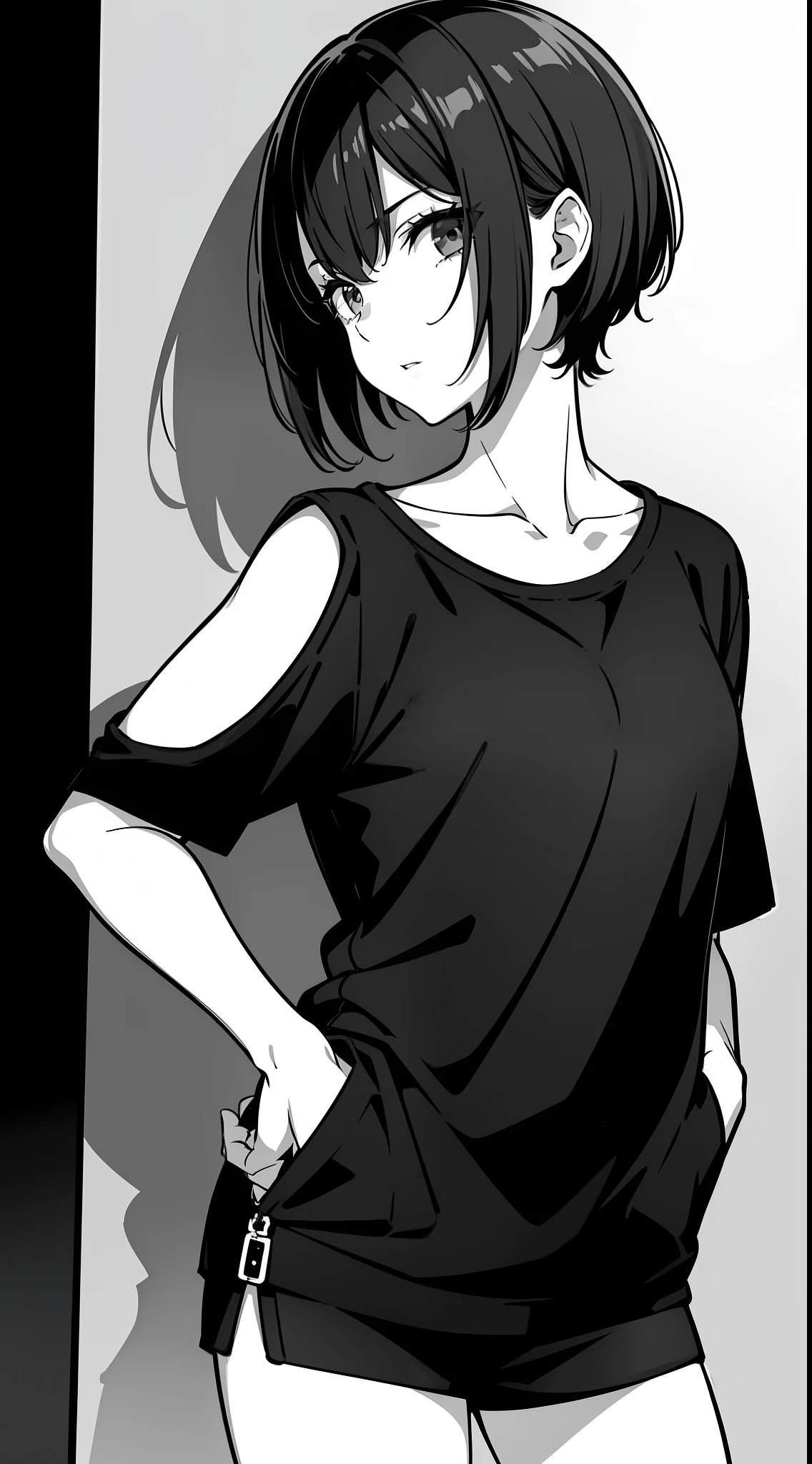 girl, side portrait, black and white, messy short hair, edgy accessories,sporty style, casual t-shirt, confident gaze, monochrome color scheme, looking to the side, chic street fashion, casual hands in pockets pose,head,((a person))