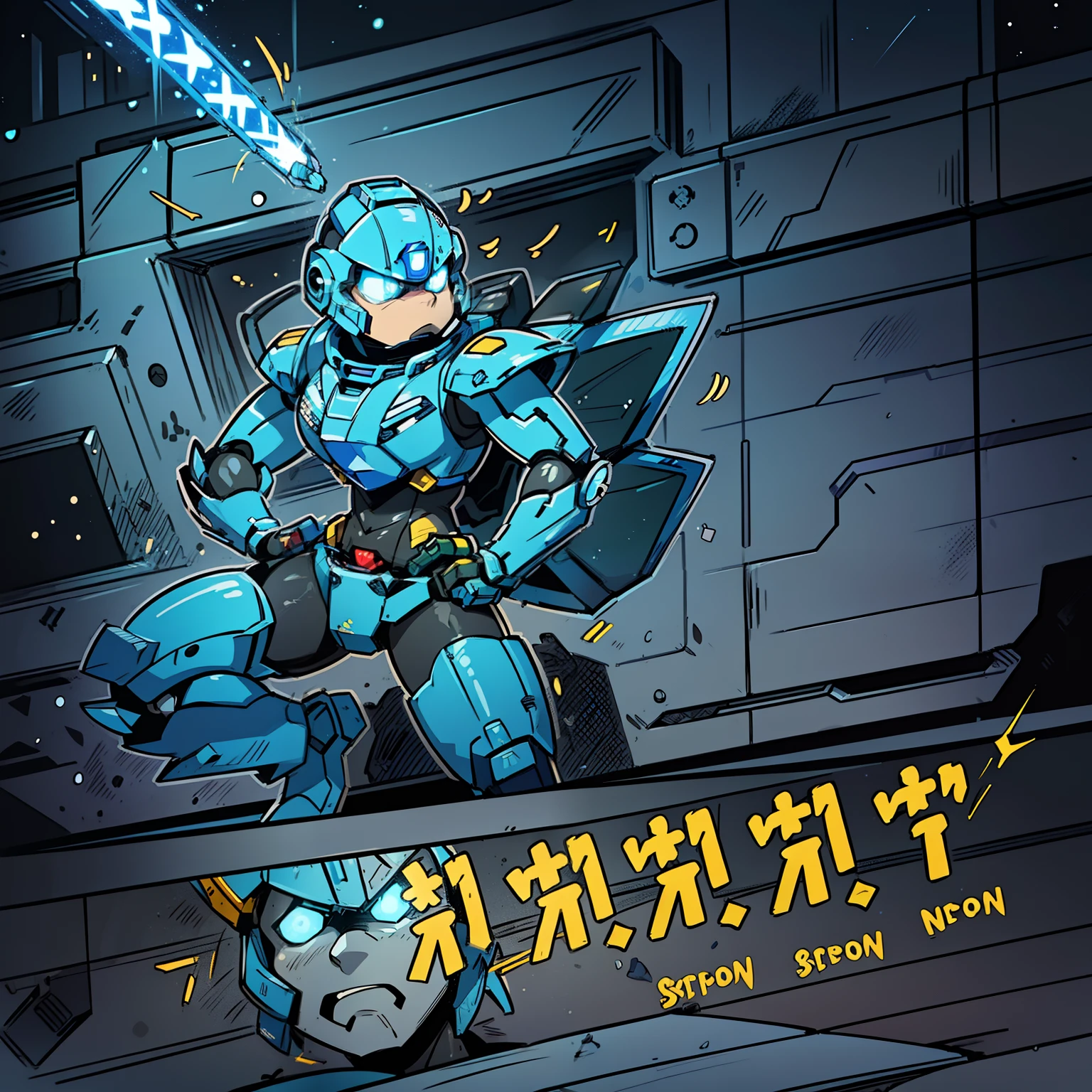 (NSFW:0.7), a cartoon anime style, toonish, Generate a male mecha space ranger soldier character with a strong and heroic appearance, (futuristic armor suit:1.5), (determined expression:2), (energy sword on hip:1.3). Use the color scheme of metallic blue and white for his armor suit. Emphasize the dynamic pose and the presence of stars and galaxies in the background to enhance the sense of space adventure.