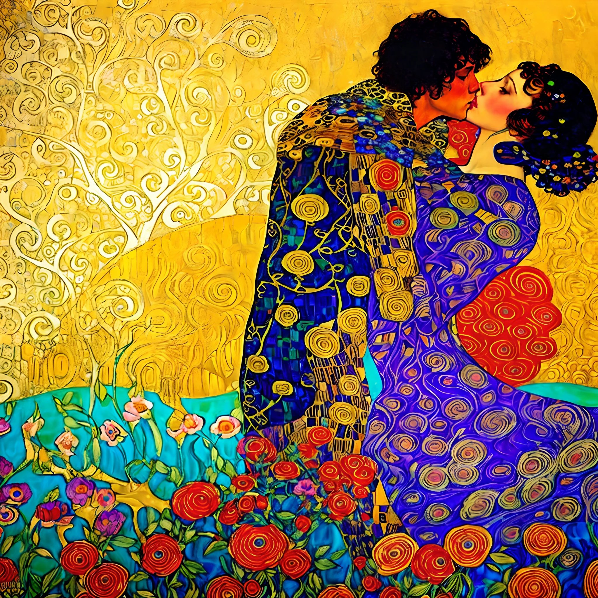 painting of a man and a woman kissing in a field of flowers, gustav klimt style, style of gustav klimt, the kiss, klimt and nixeu, gustav klimt 4k, gustav klimt 4 k, gustav klimt and mel ramos, gustav klimt painting, inspired by Gustav Klimt, mucha klimt, vibrant and bold pop art with high contrast colors, dynamic composition, and exaggerated details