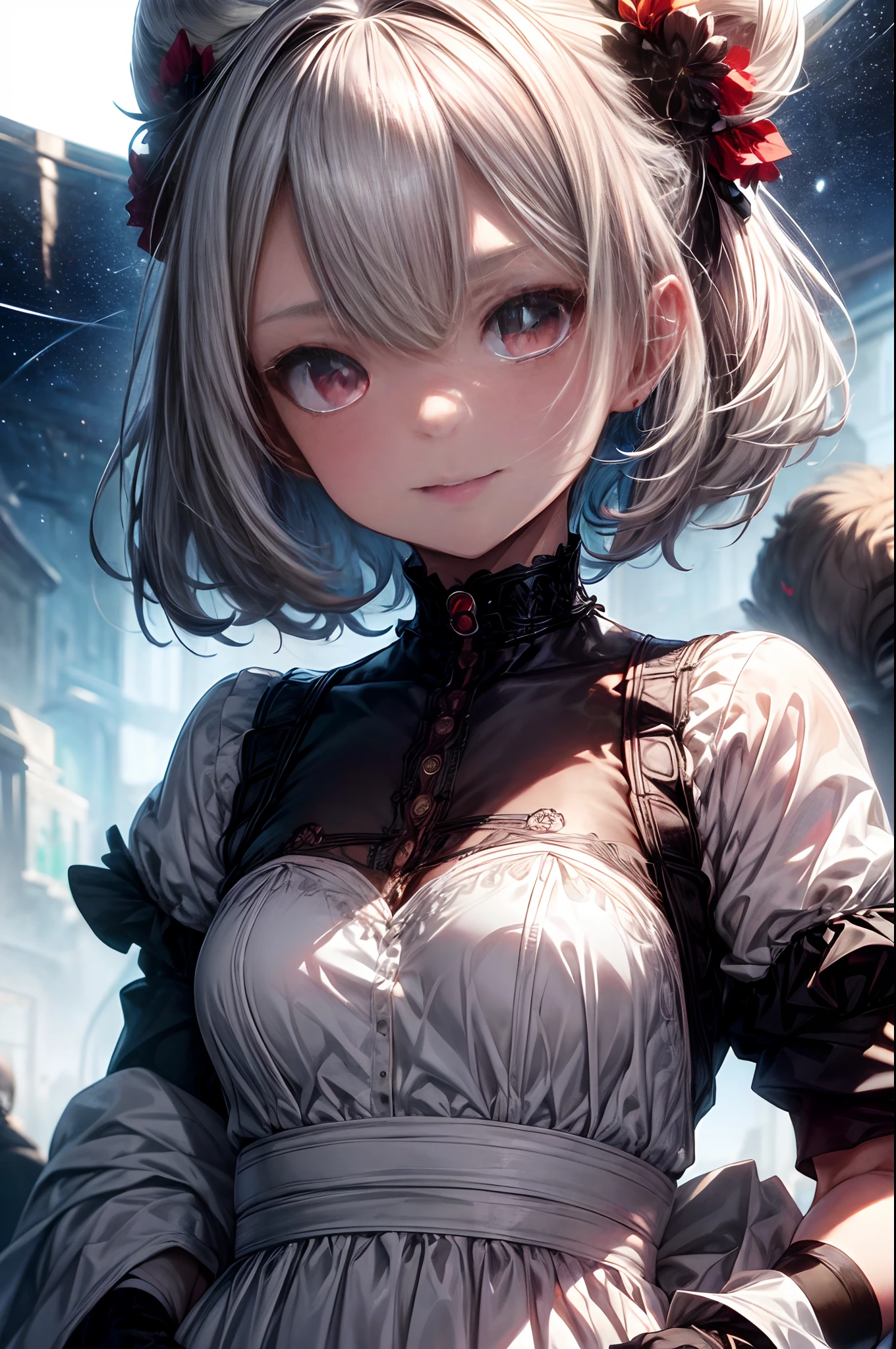 (masterpiece), (best quality:1.1), (ultra-detailed:1.1), (an extremely delicate and beautiful), 1 girl, beautiful face, (detailed face), mash kyrielight,White hair,short hair,red eyes,hair over one eye,girl,woman,female, little,child,10 years old, medium hair, curly hair, bangs, eyes visible through hair, side braid, white and black hair, multicolored hair, red inner color, beautiful detailed Glass hair, delicate beautiful face, evil grin, red pupils, fangs, small_breasts, pale blue eyes, white skin, choker, Crystalline purple gemstone gloves, nice hands, perfect hands, (close-up upper body:1.2), cowboy shot,blue eyes,(🦁,lion), gold hair,serious,long dress, Leo,signs of zodiac,power, stars, sun,flowers