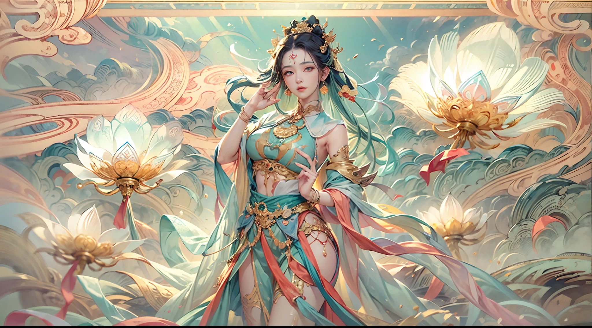 (best quality, masterpiece, extremely detailed CG, game cg:1.5), 1 girl, full body, an extremely delicate and beautiful girl, extremely detailed eyes and face, beautiful detailed glow,(dunhuang_cloths, overexposure,flying apsaras),dunhuang_style,dunhuang_dress,dunhuang_fan,medium breast,auspicious clouds, illustration, cinematic lighting, best shadow,(dunhuang_background:1.3)