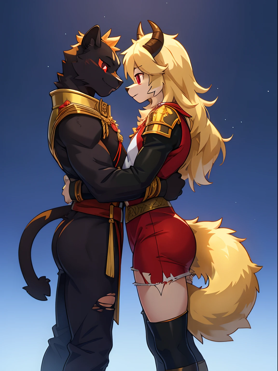 trending on pixiv, (masterpiece), (anime), (furry), (couple picture), (2characters: a {black fur panther with red eyes dressed as a Royal Prince}, a {skinny multi-coloured cute sheep with demon horns dressed as a golden Royal Guard}), holding legendary swords, awaiting orders position, (small build), (tail), (fur paws), (round butt), (from the side), torn clothes, revealing skin, aroused,