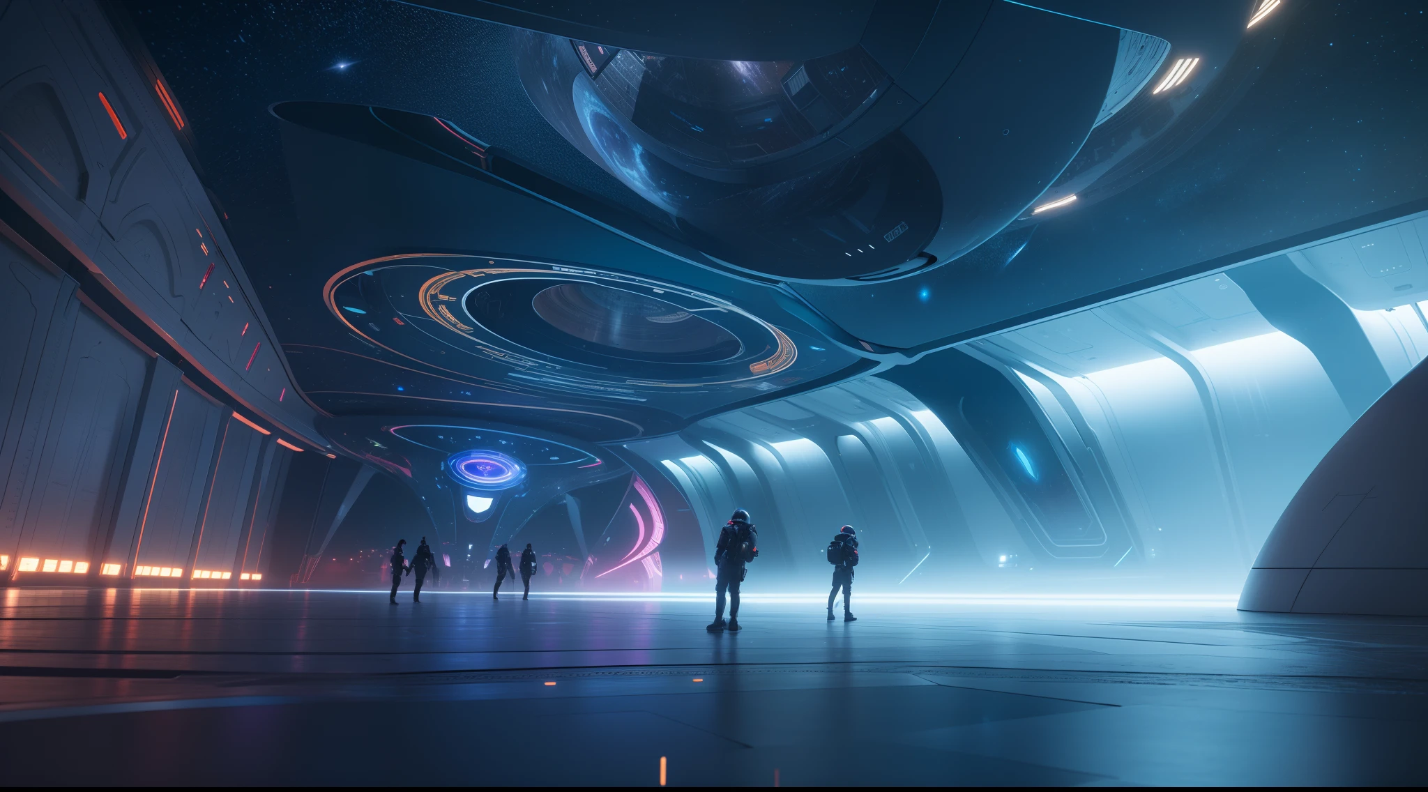 This is the hall of an oversized spaceship，The hall is full of colorful and beautiful lights，A lot of sci-fi elements，Future elements，Sci-fi background，Futuristic scenes，detailed cinematic rendering, Unreal Engine renders concept art, Solo Performance Unreal Engine, cinematic render unreal engine, depicted as a scifi scene, 8k hd concept art, cinematic scifi shot, 8 k concept art, illusory engine. cinematic Film still from, 8k concept art，There are small flying machines，The machine of the future，cosmic starry sky，space