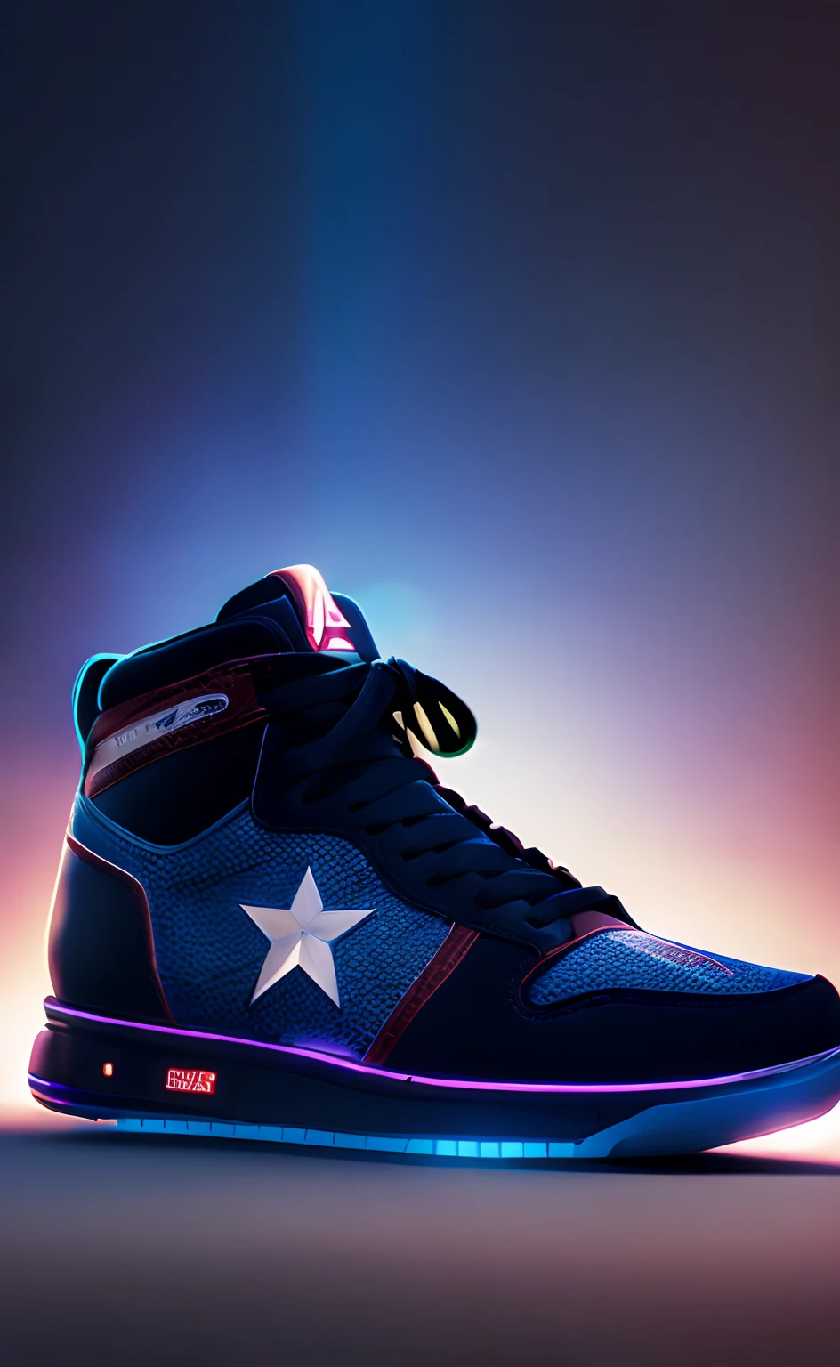 product photography of a cybepunk captain America sneakers, epic render, octane, atmosphere, particles, soft volumetric lights, (backlit:1.3), (cinematic:1.3), intricate details, (ArtStation:1.3)