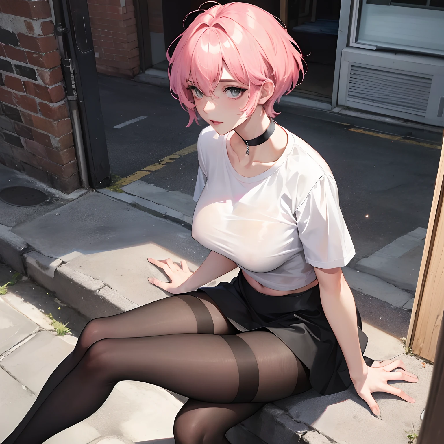 a handsome female, pink short hair, big breastes, hands on breast, teats, White short t-shirt, black choker, blackskirt, black tights, looks at the viewer, Sitting on the roof